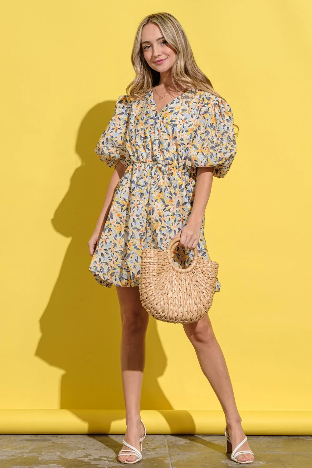 🌼 And The Why Full Size Floral Surplice Puff Sleeve Dress 🌼