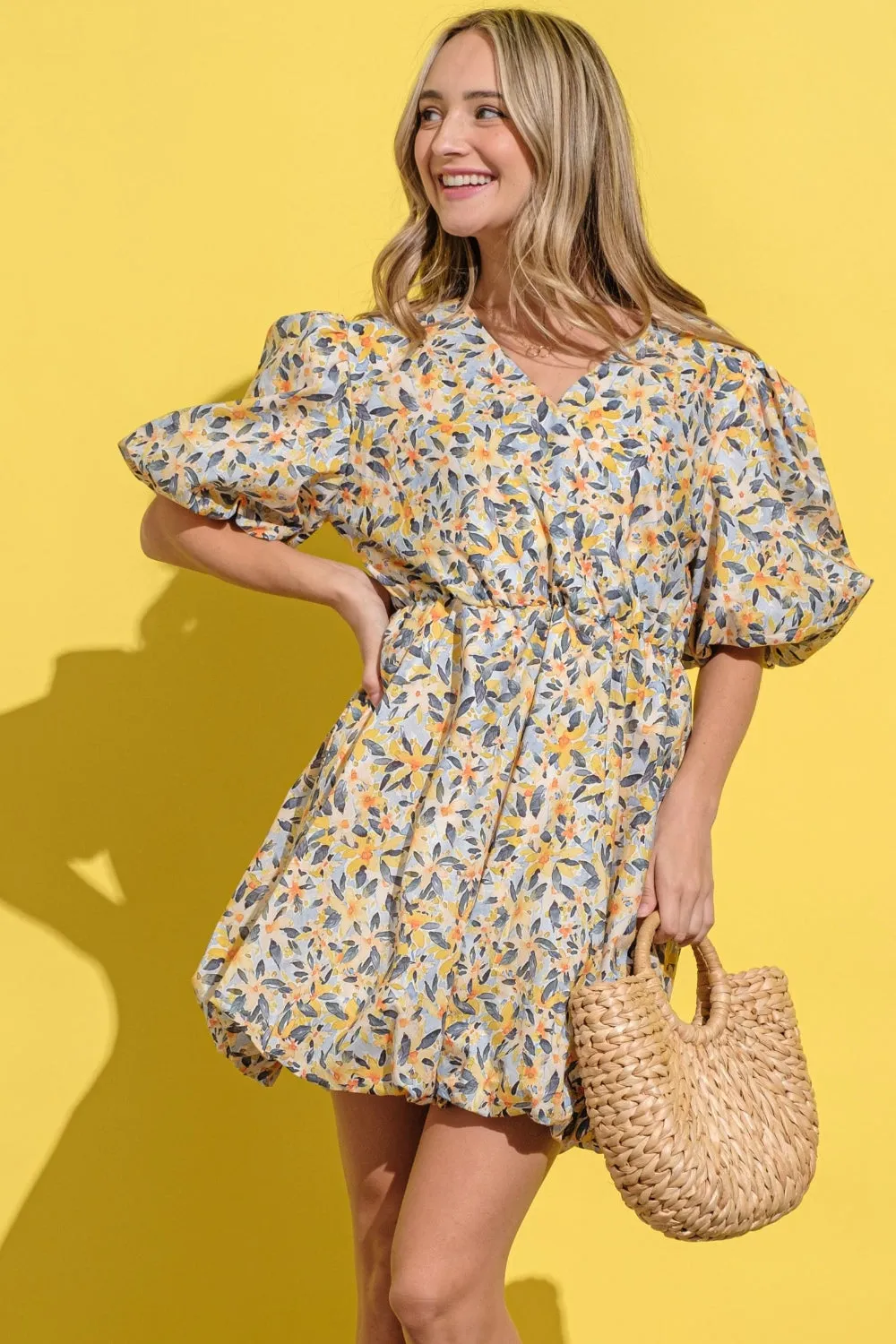 🌼 And The Why Full Size Floral Surplice Puff Sleeve Dress 🌼