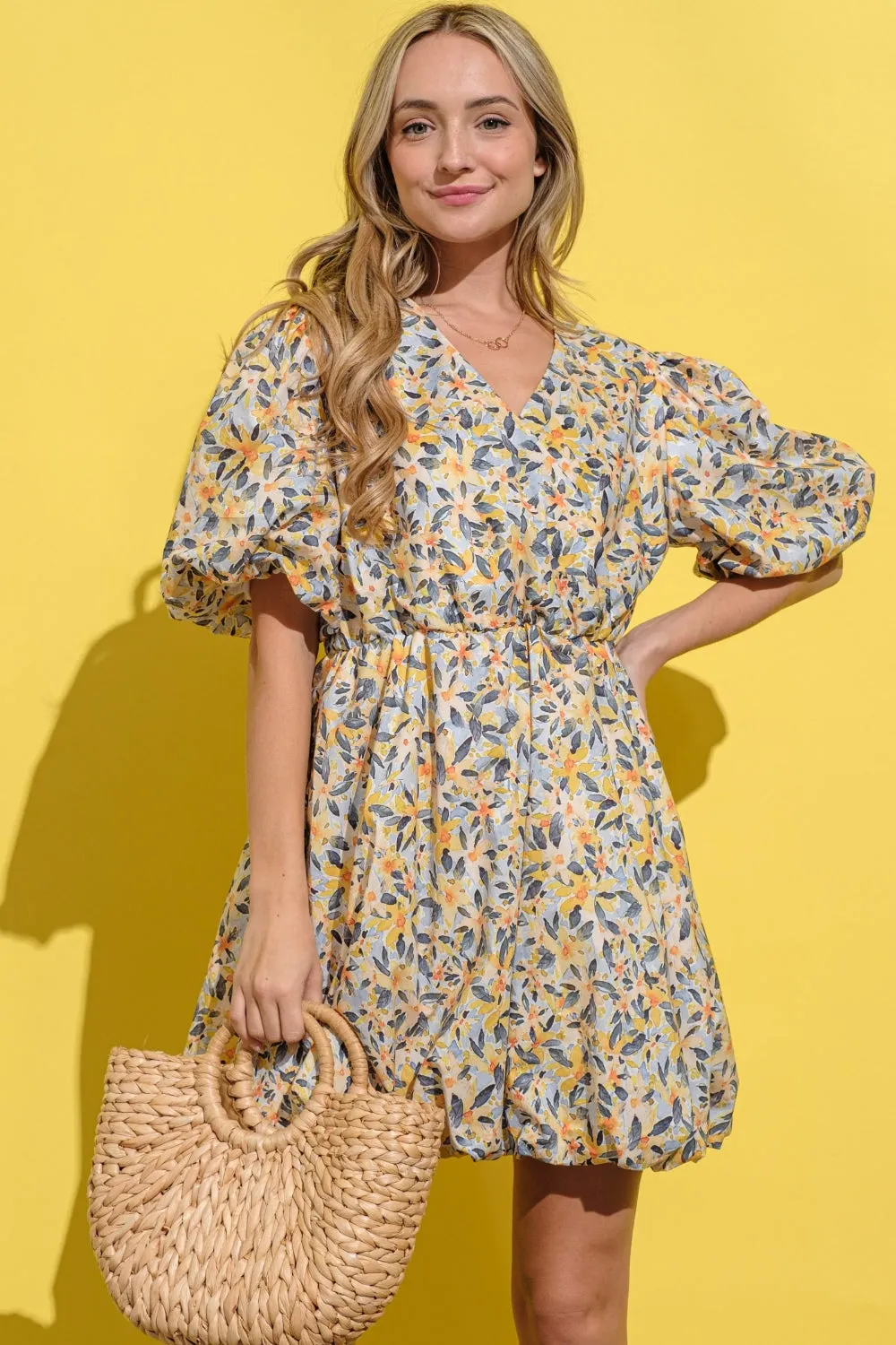 🌼 And The Why Full Size Floral Surplice Puff Sleeve Dress 🌼
