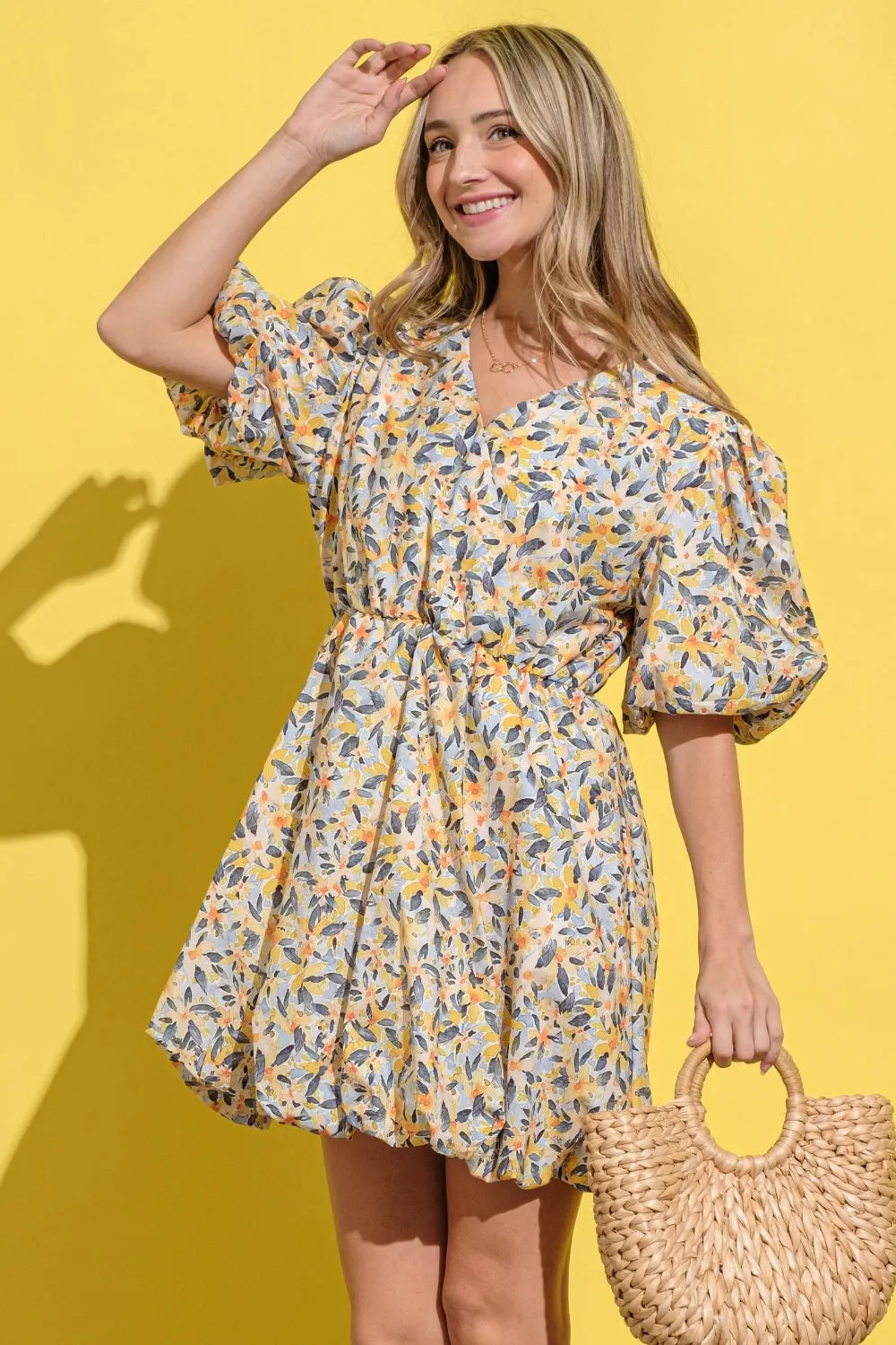 🌼 And The Why Full Size Floral Surplice Puff Sleeve Dress 🌼