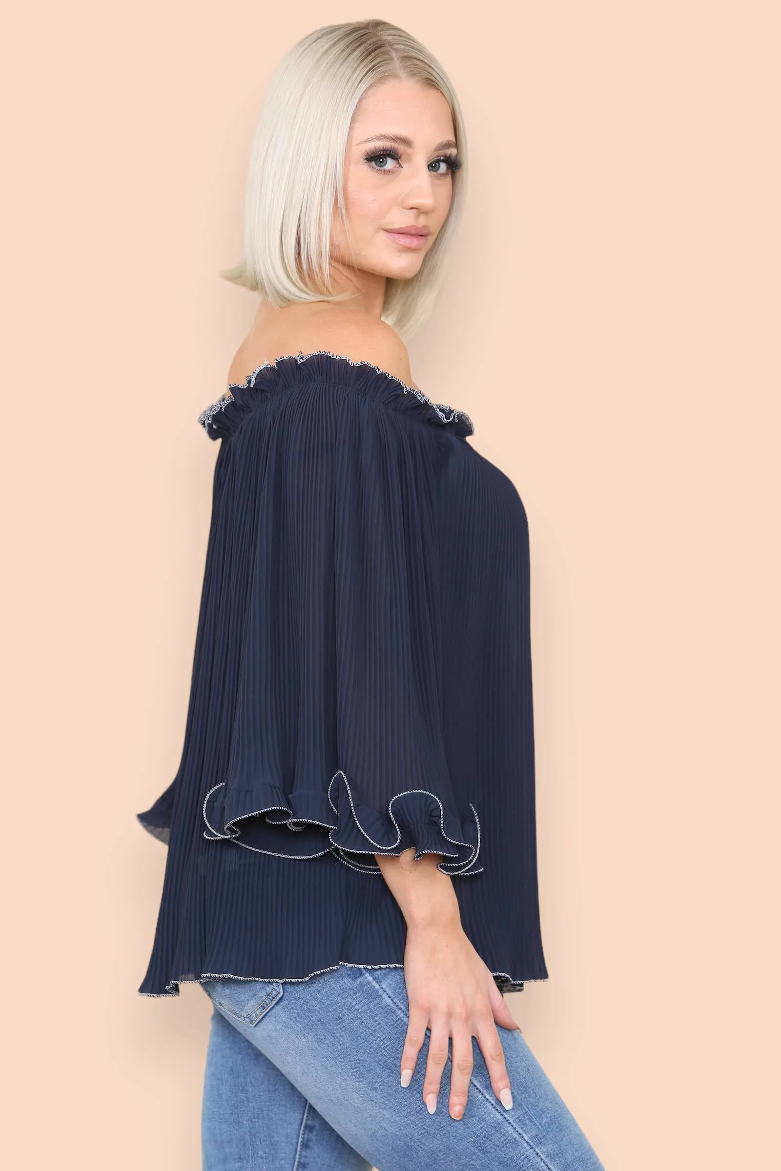 3/4 Sleeve Contrast Edge Pleated Bardot Blouse