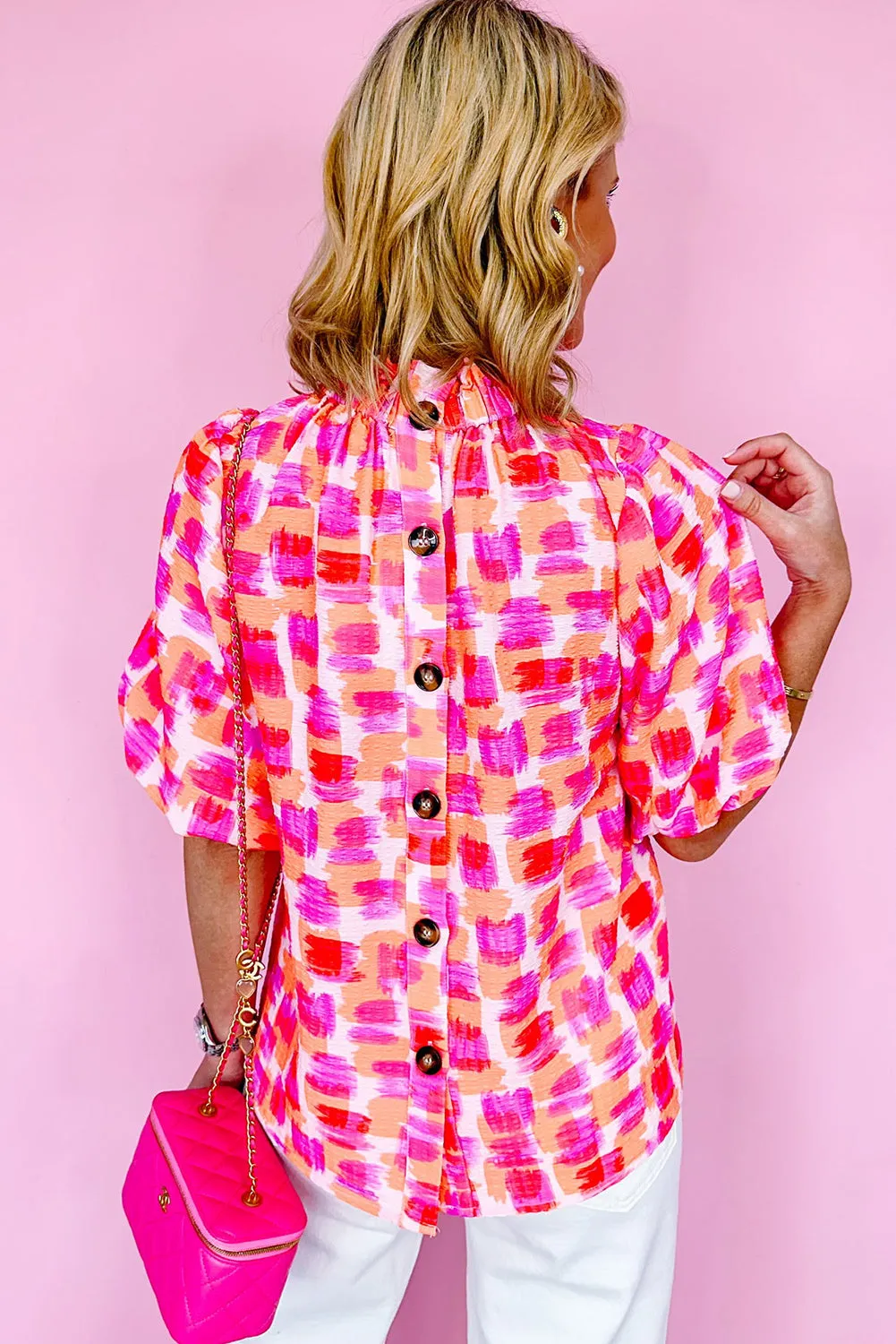 Abstract Print Button Back Ruffed High Neck Blouse