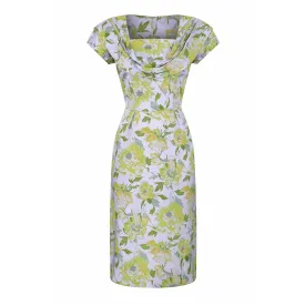 ARCHIVE - 1960s Lilac Floral Print Dress With Cowl Neck and Pink Silk Lining