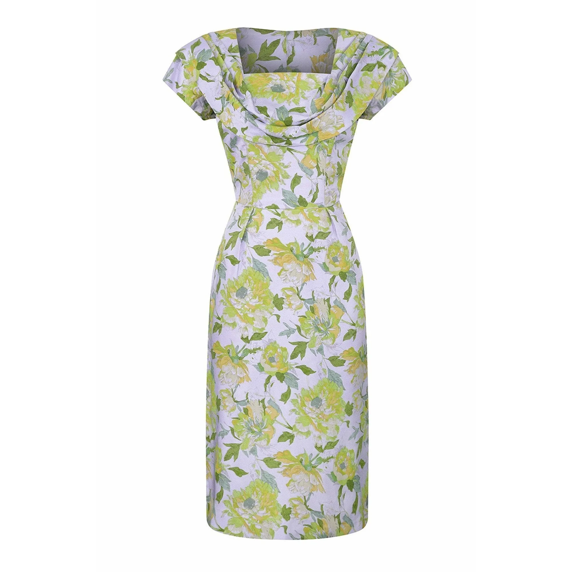 ARCHIVE - 1960s Lilac Floral Print Dress With Cowl Neck and Pink Silk Lining