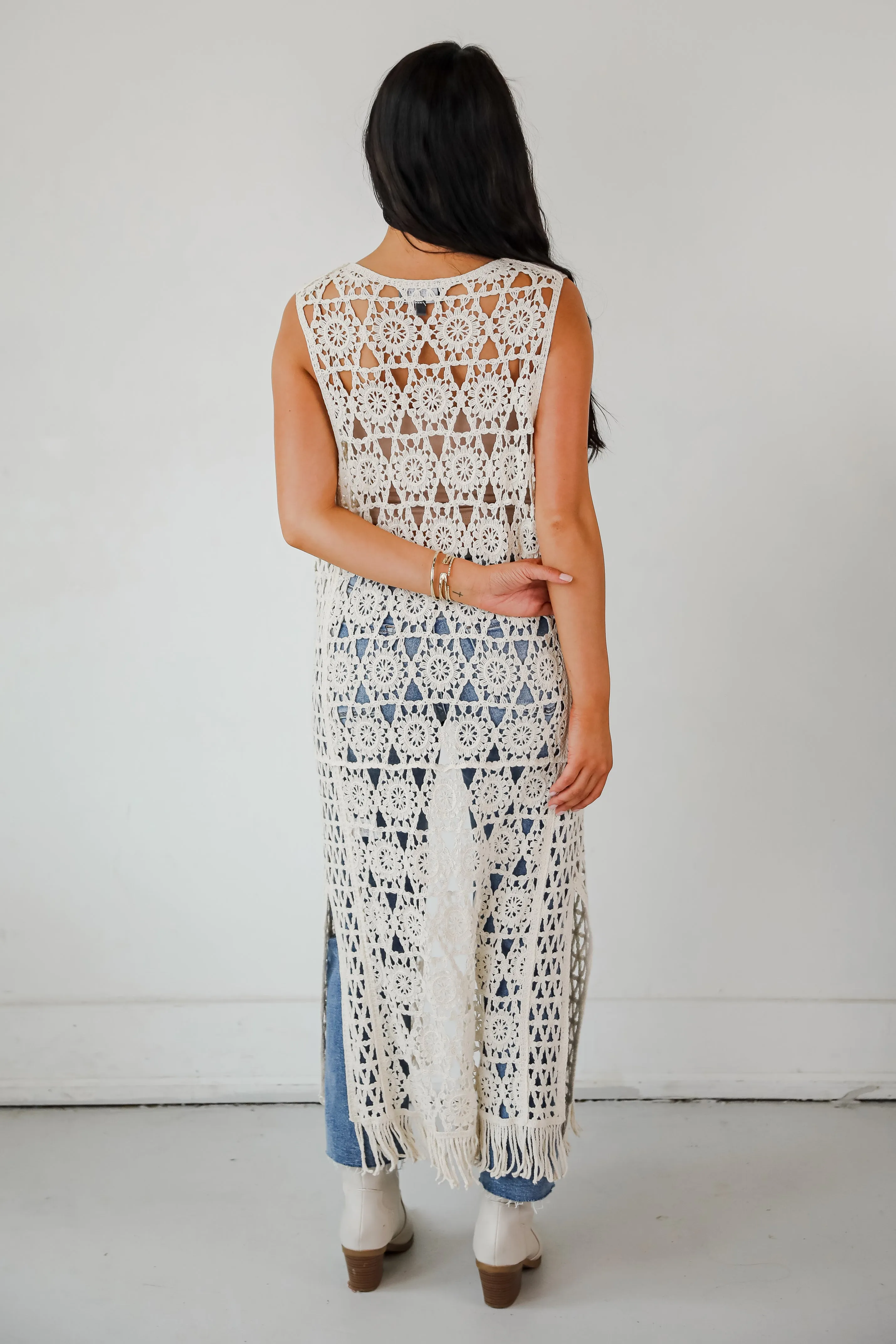 Beach You There Beige Crochet Longline Vest