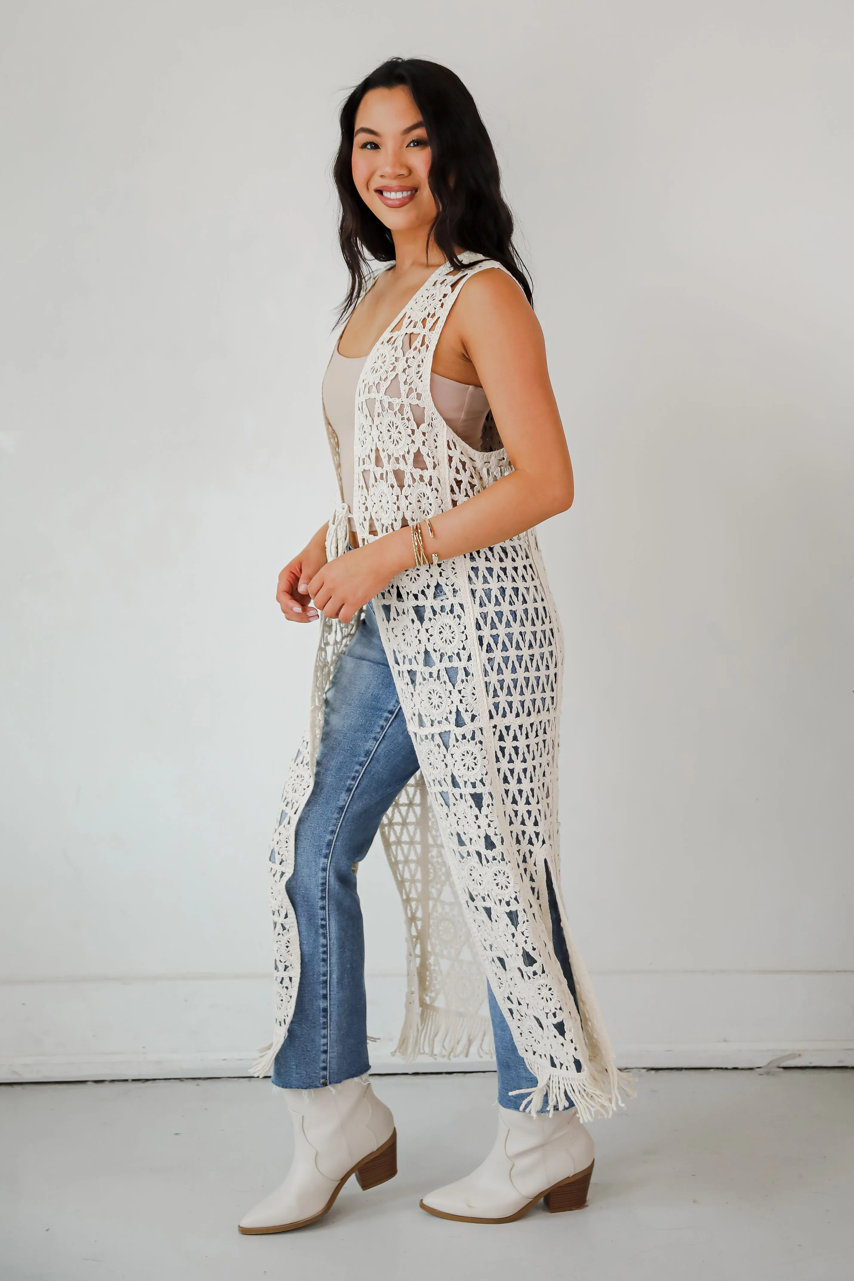 Beach You There Beige Crochet Longline Vest