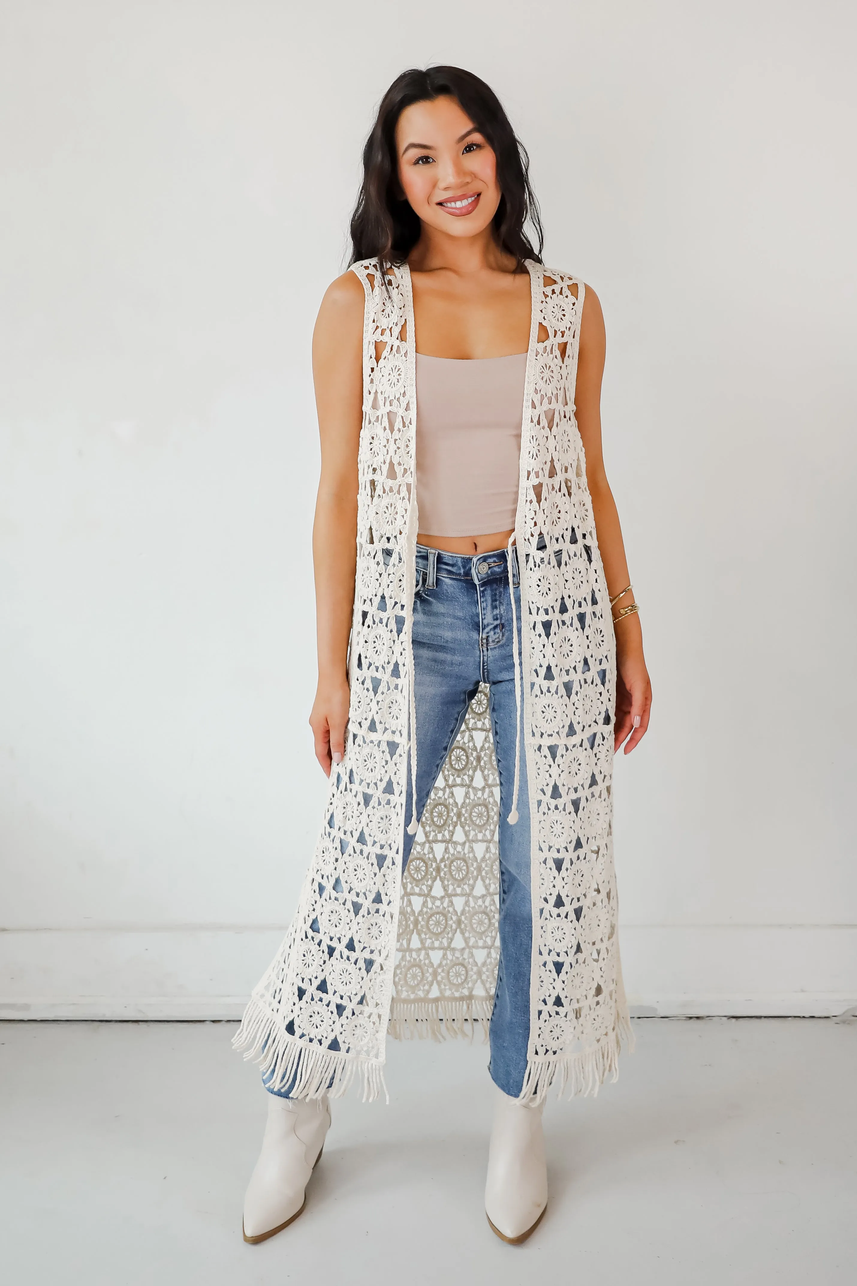 Beach You There Beige Crochet Longline Vest