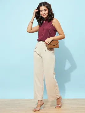 Berrylush Women Solid Maroon Spread Collar Neck Sleeveless Button-Up Curved Hem Regular Shirt