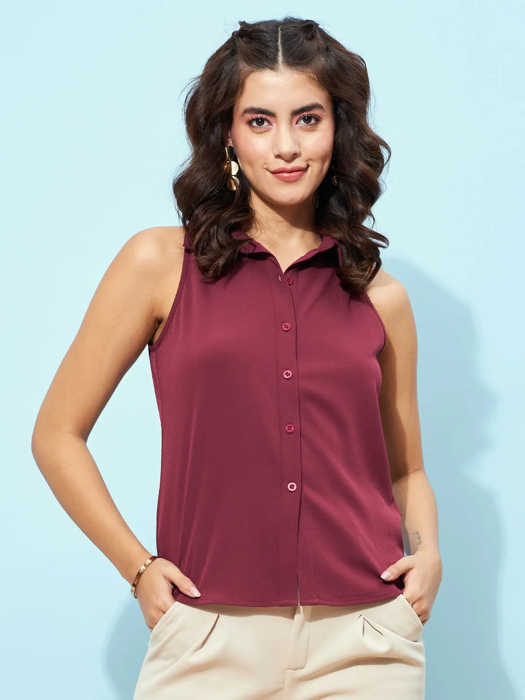 Berrylush Women Solid Maroon Spread Collar Neck Sleeveless Button-Up Curved Hem Regular Shirt