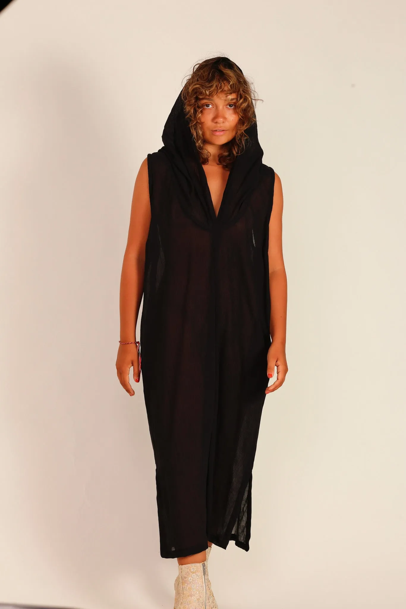 BLACK COTTON HOODIE DRESS SHARA