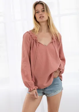 Bohemian Gauze Long Sleeve Tassel Tie Blouse