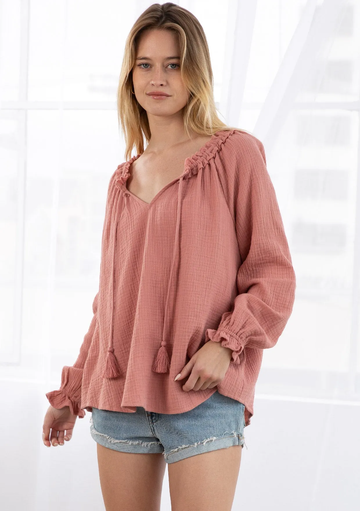 Bohemian Gauze Long Sleeve Tassel Tie Blouse