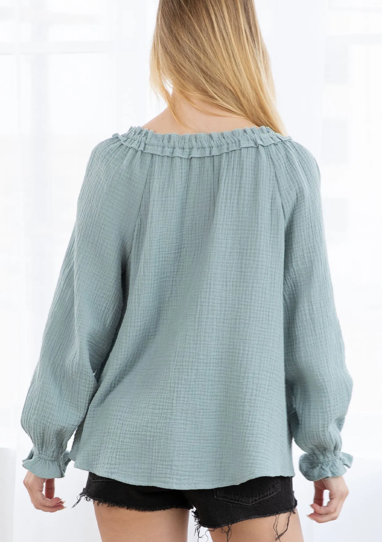 Bohemian Gauze Long Sleeve Tassel Tie Blouse