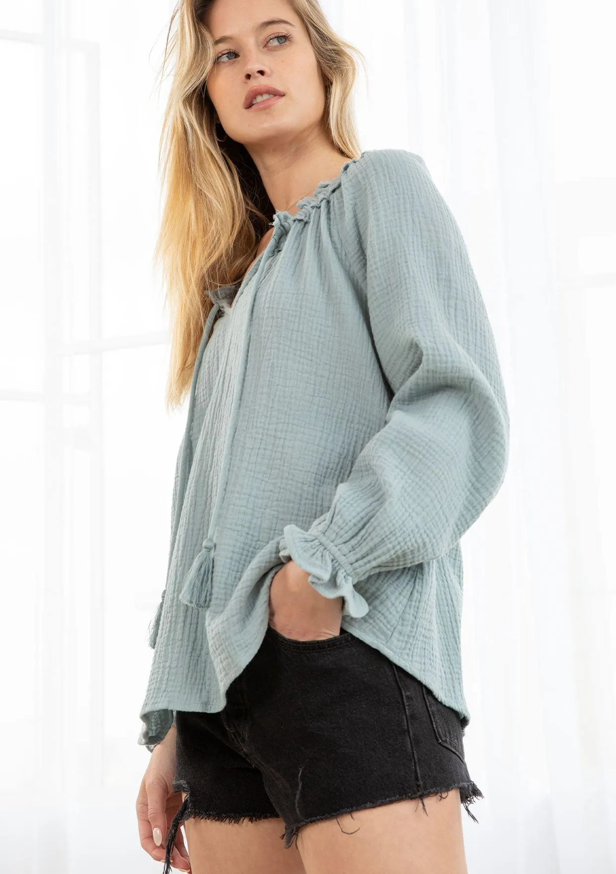 Bohemian Gauze Long Sleeve Tassel Tie Blouse