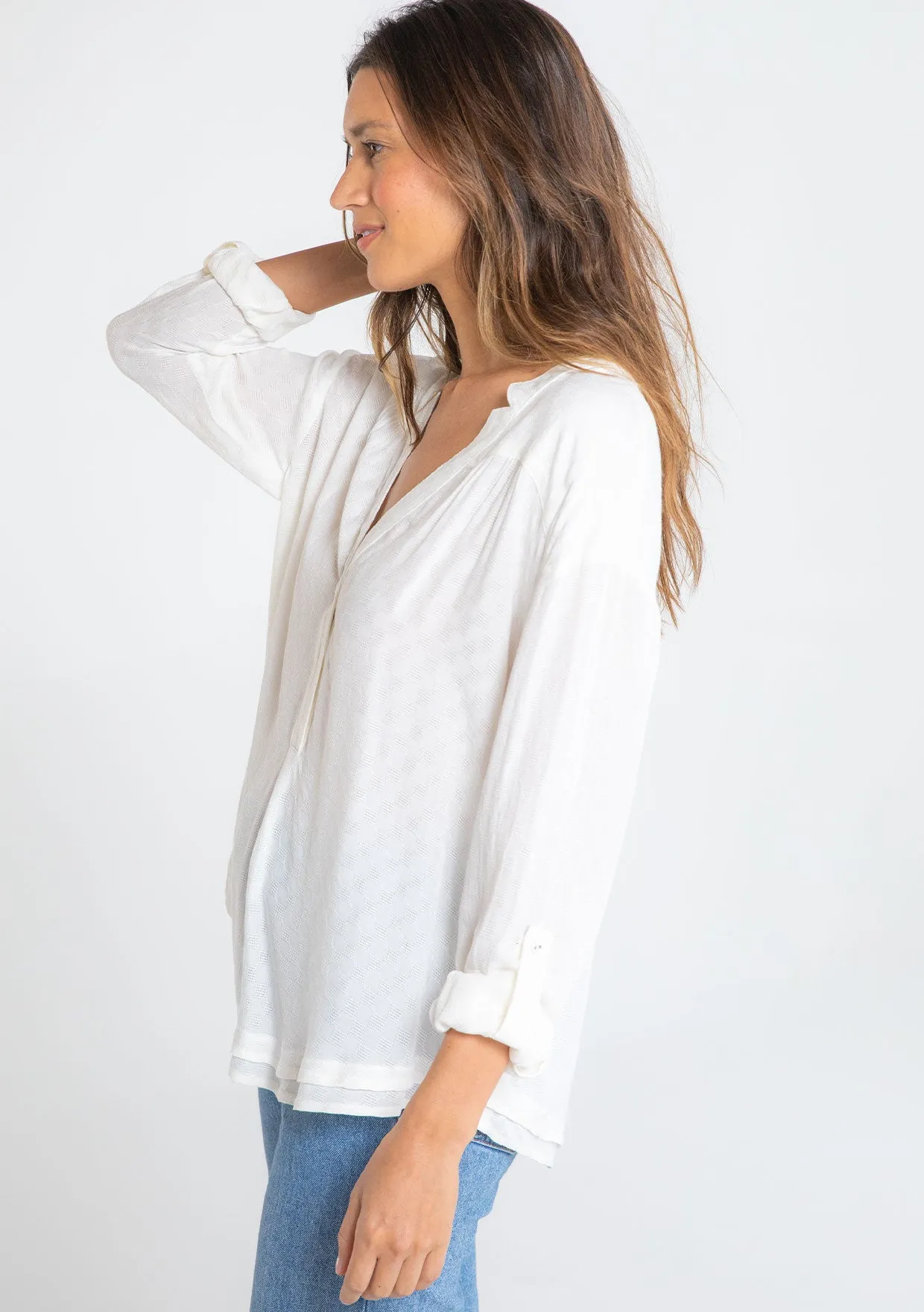 Boho Checkered Jacquard Roll Tab Sleeve Blouse