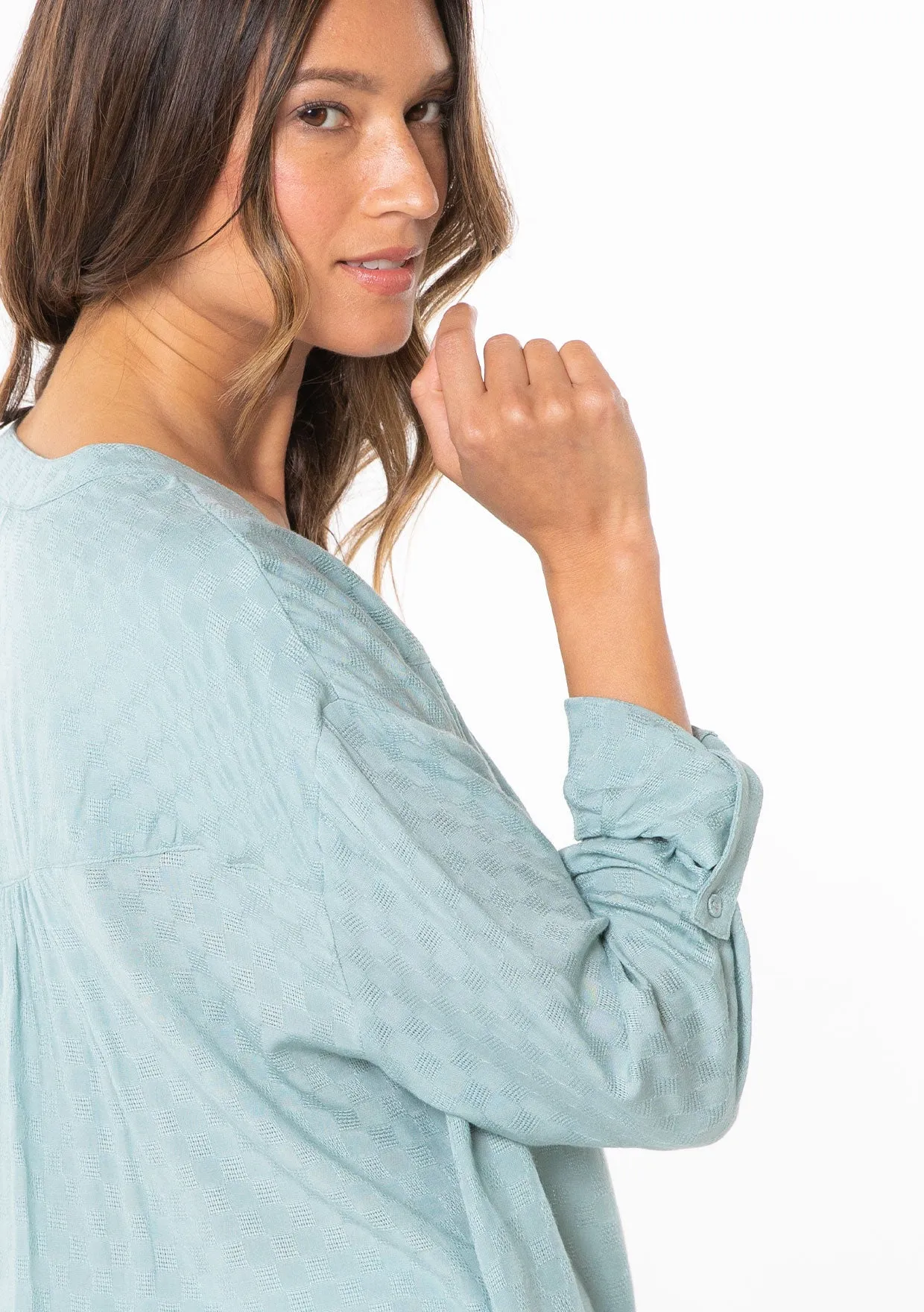 Boho Checkered Jacquard Roll Tab Sleeve Blouse