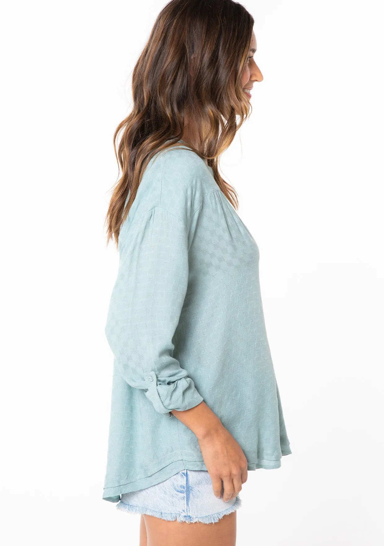 Boho Checkered Jacquard Roll Tab Sleeve Blouse