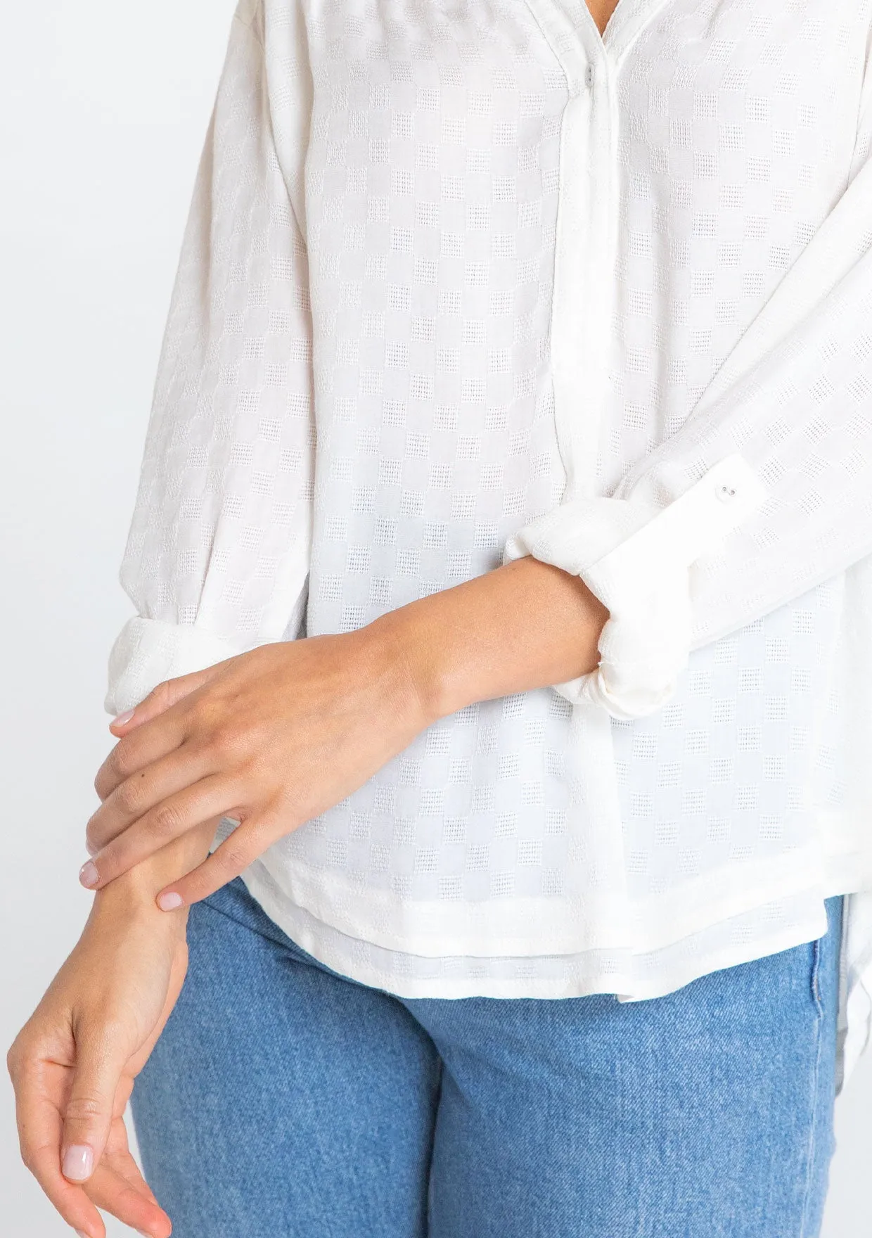 Boho Checkered Jacquard Roll Tab Sleeve Blouse