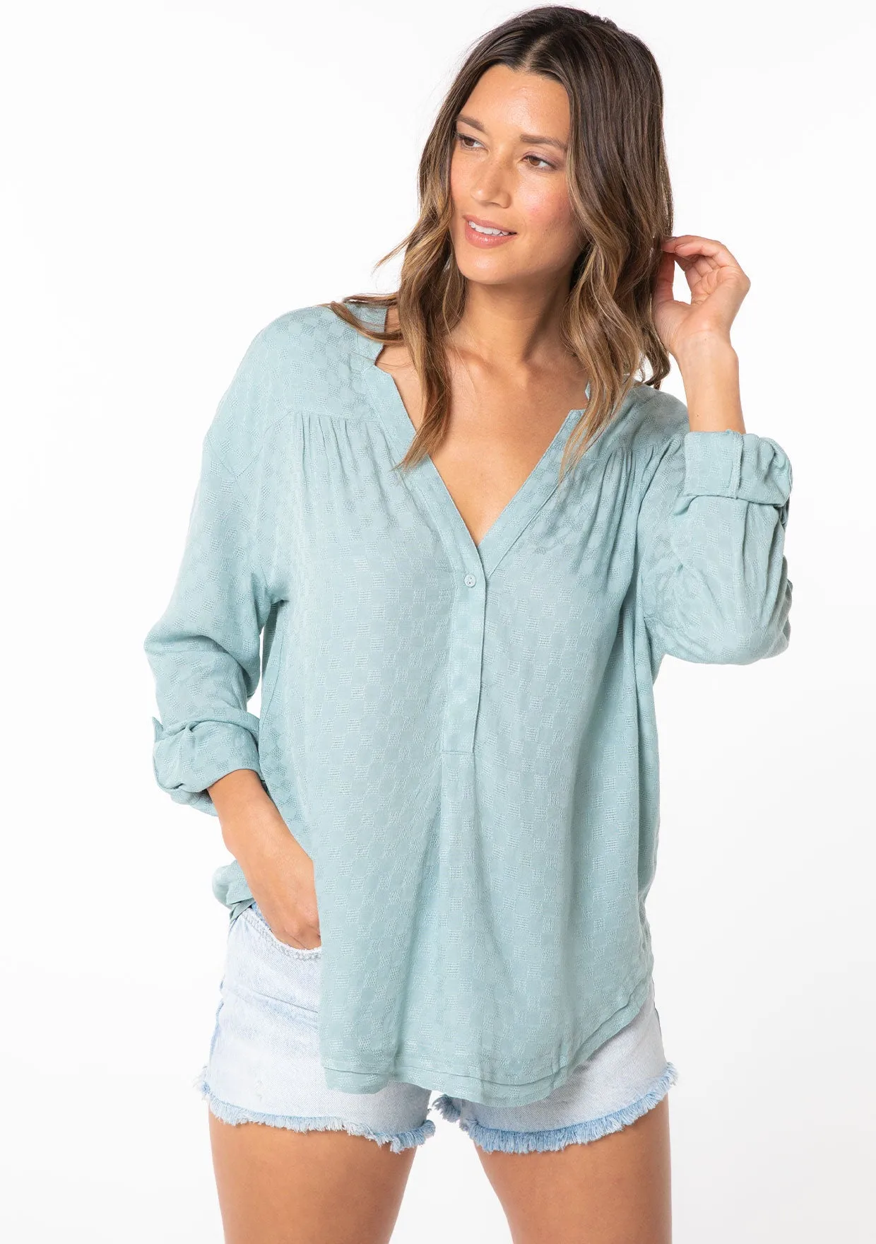 Boho Checkered Jacquard Roll Tab Sleeve Blouse