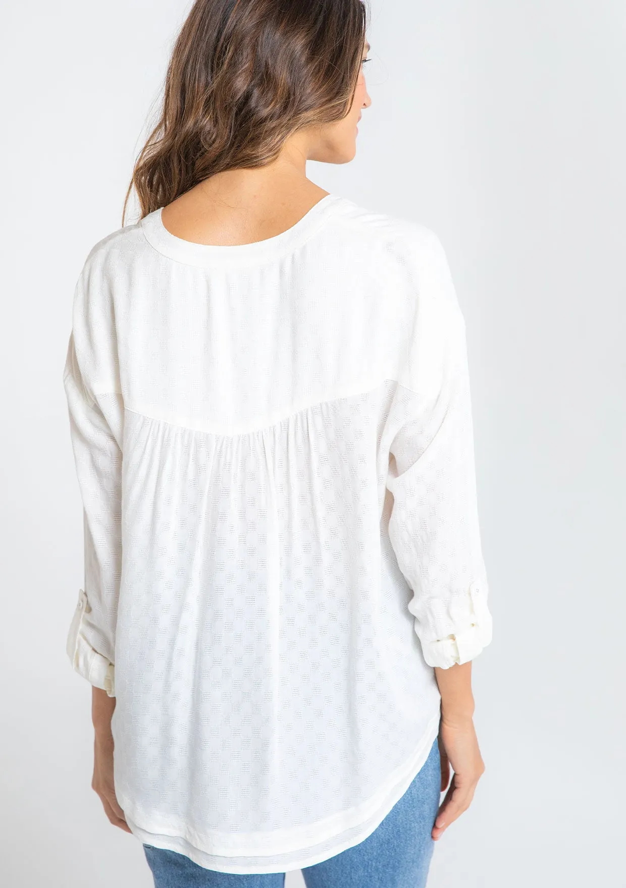 Boho Checkered Jacquard Roll Tab Sleeve Blouse