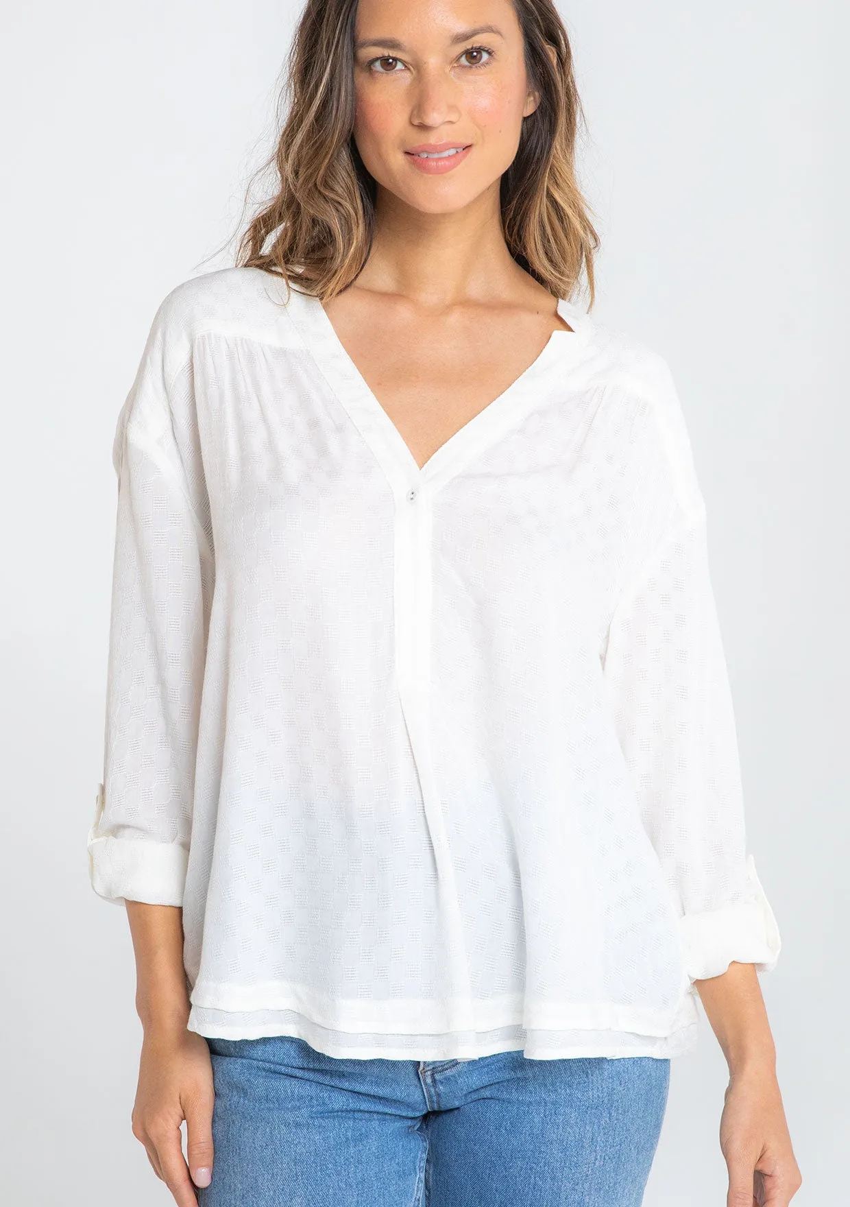 Boho Checkered Jacquard Roll Tab Sleeve Blouse