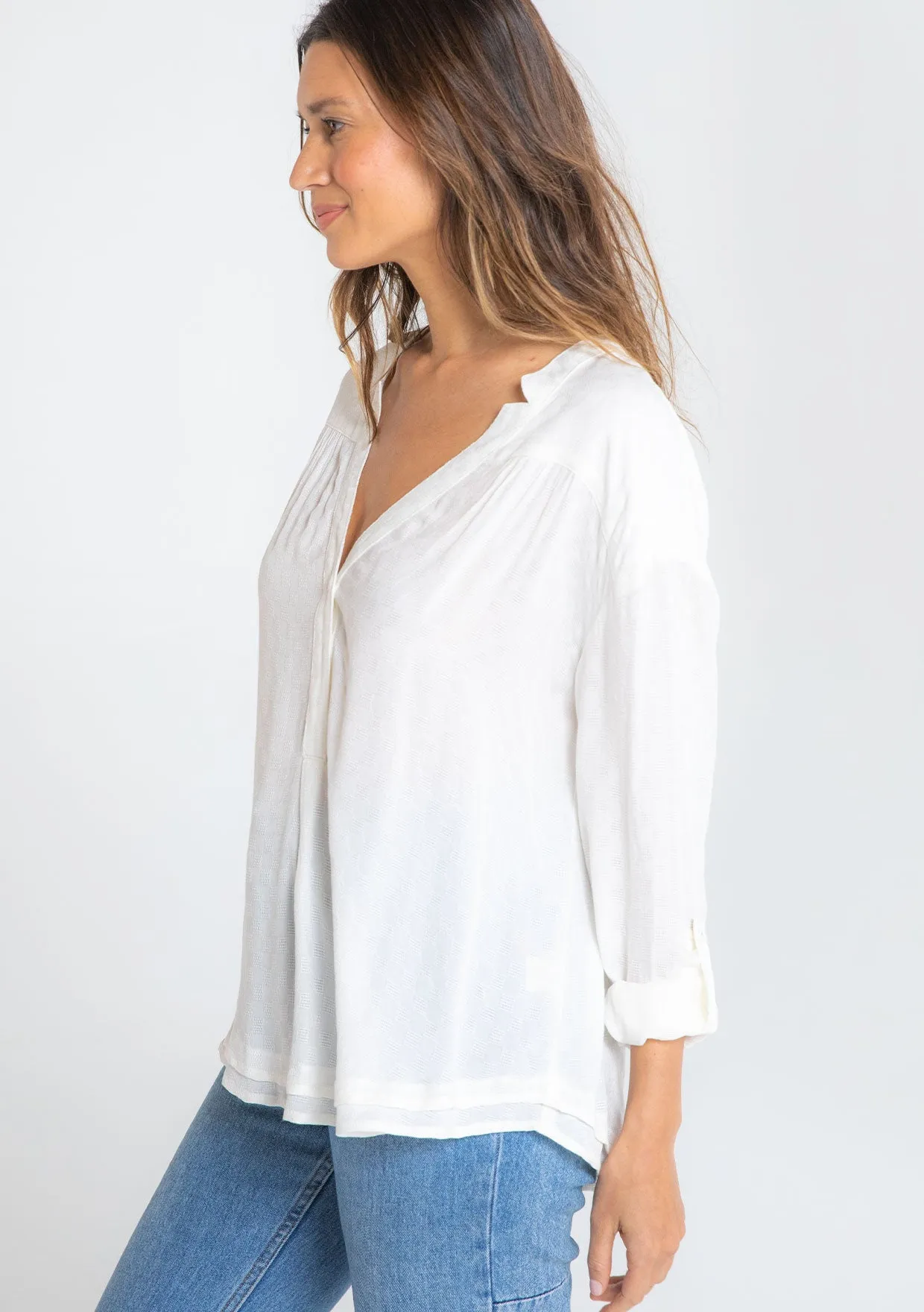 Boho Checkered Jacquard Roll Tab Sleeve Blouse