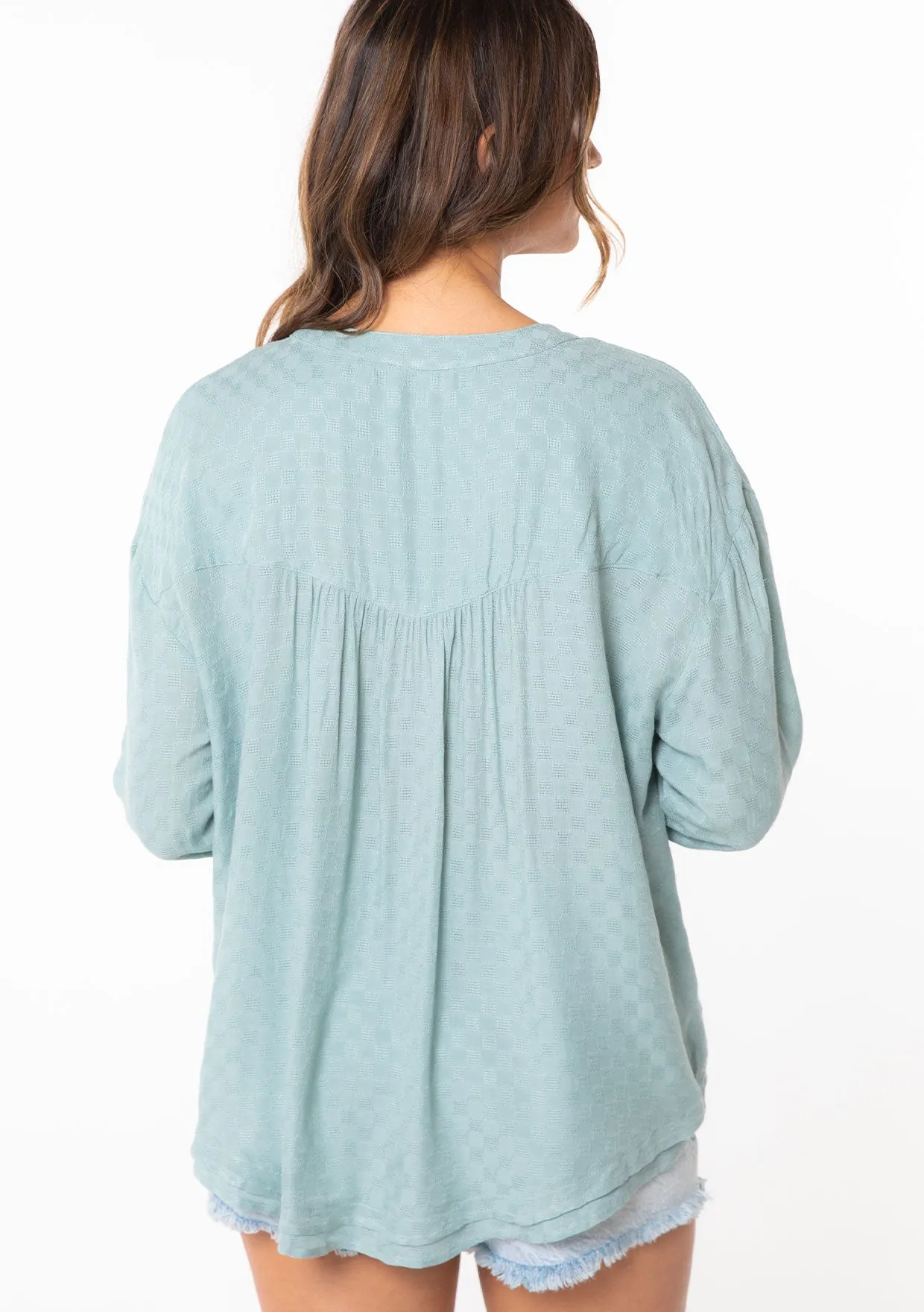 Boho Checkered Jacquard Roll Tab Sleeve Blouse