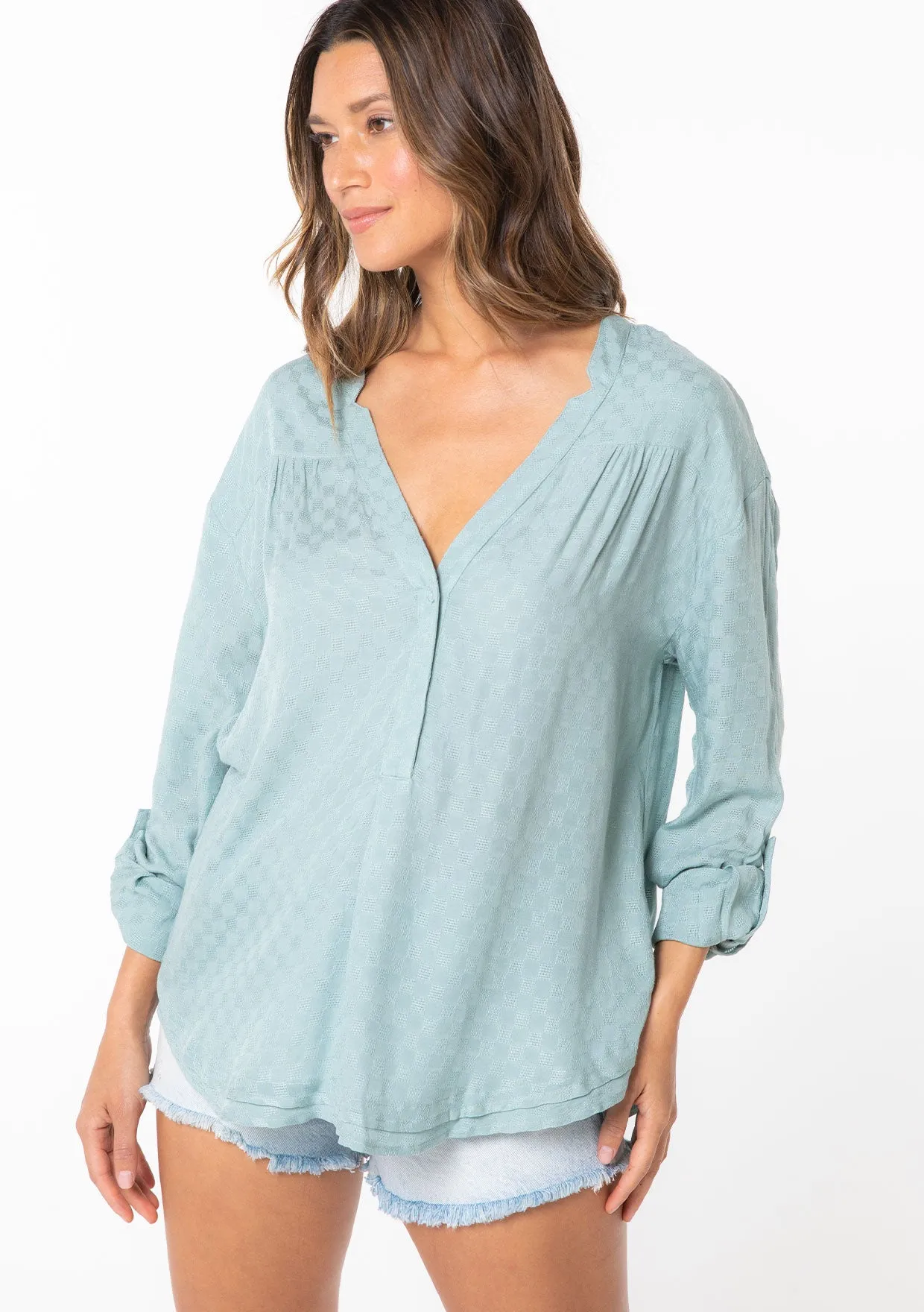 Boho Checkered Jacquard Roll Tab Sleeve Blouse