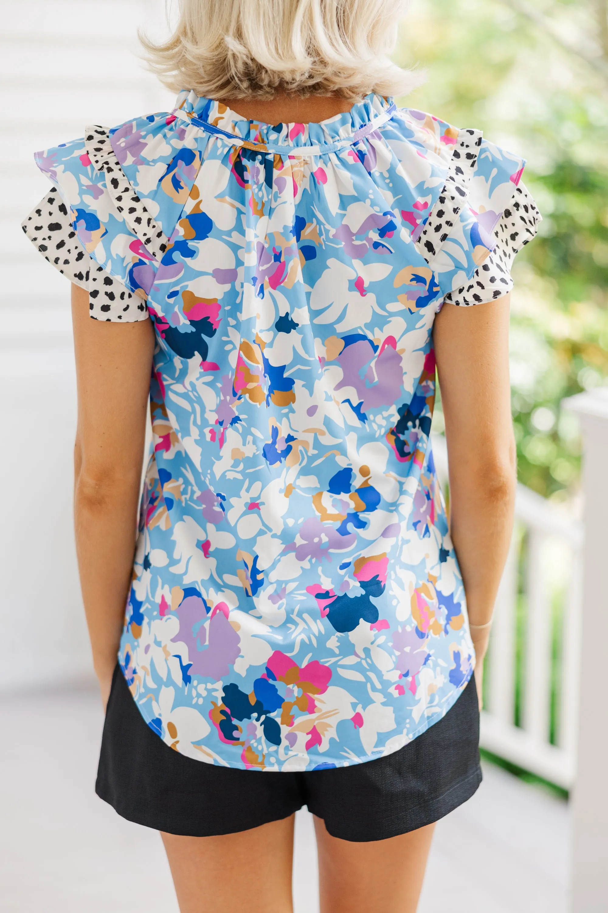 Can't Miss This Light Blue Mixed Print Blouse