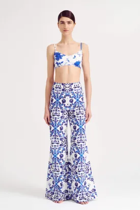 Capri Blue Milanese Wallpaper Print Cotton Trousers
