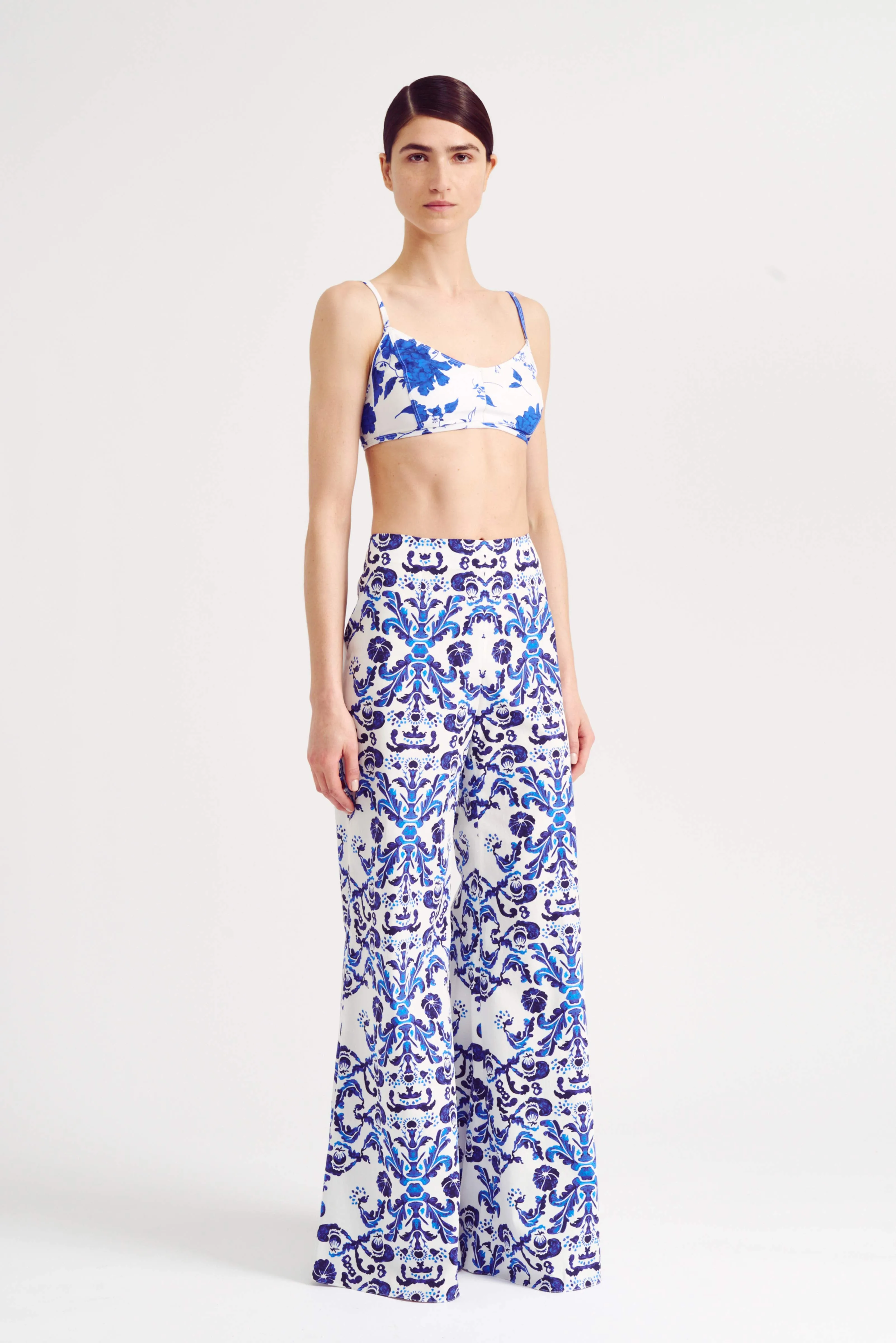 Capri Blue Milanese Wallpaper Print Cotton Trousers