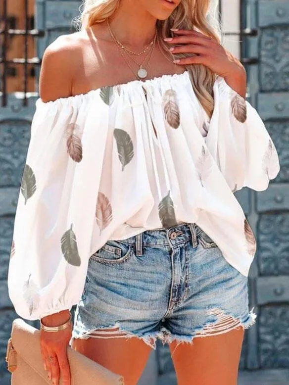 Casual Feather Print Off Shoulder Strap Blouse