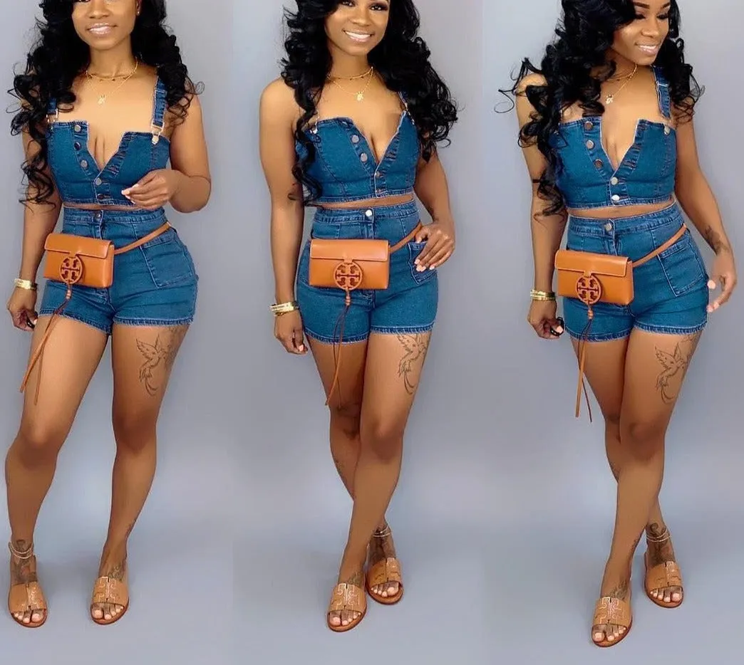 Casual Sleevless Denim Two Piece Short Set