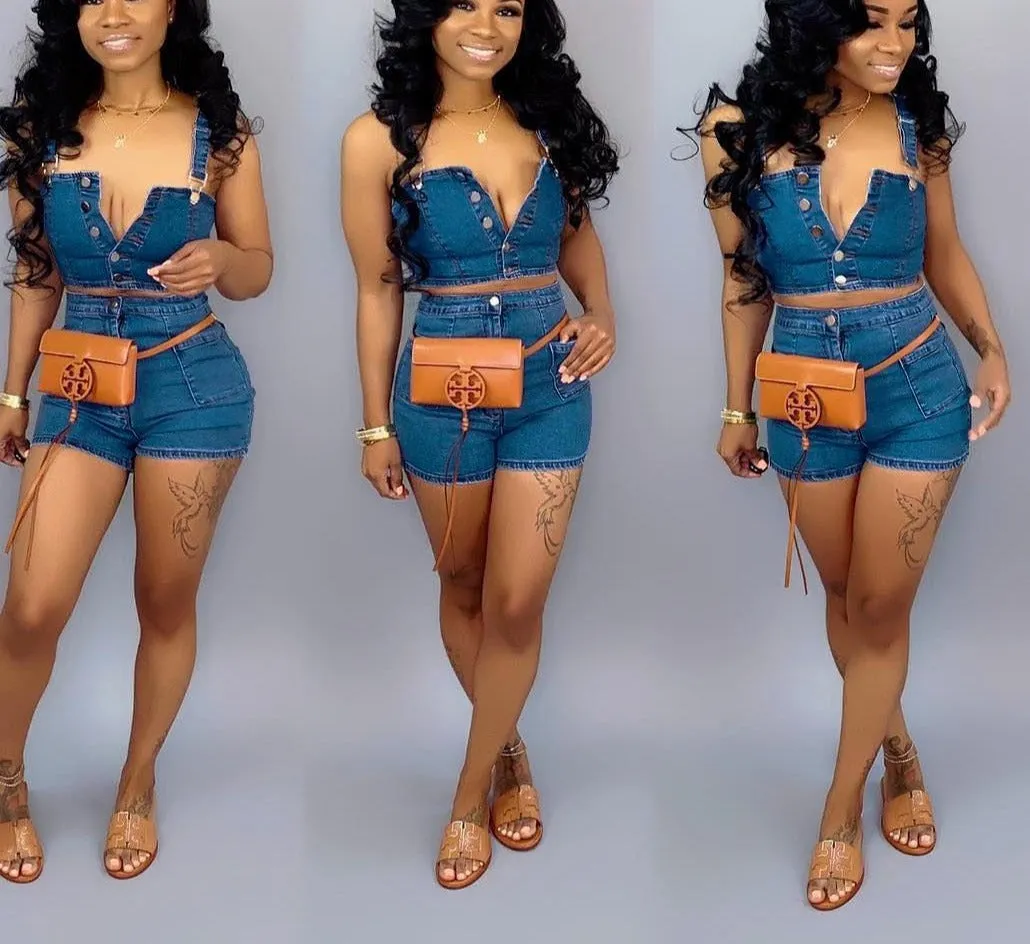 Casual Sleevless Denim Two Piece Short Set