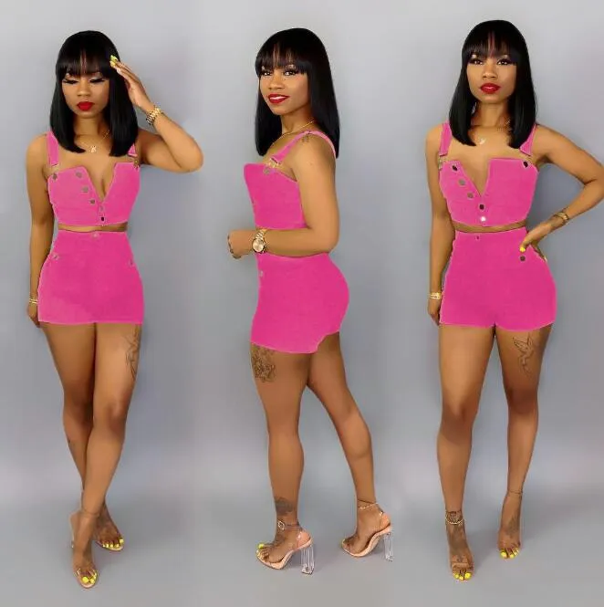 Casual Sleevless Denim Two Piece Short Set