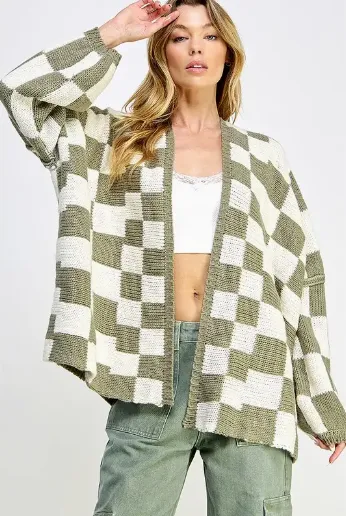 Check Dropped Shoulders Cardigan