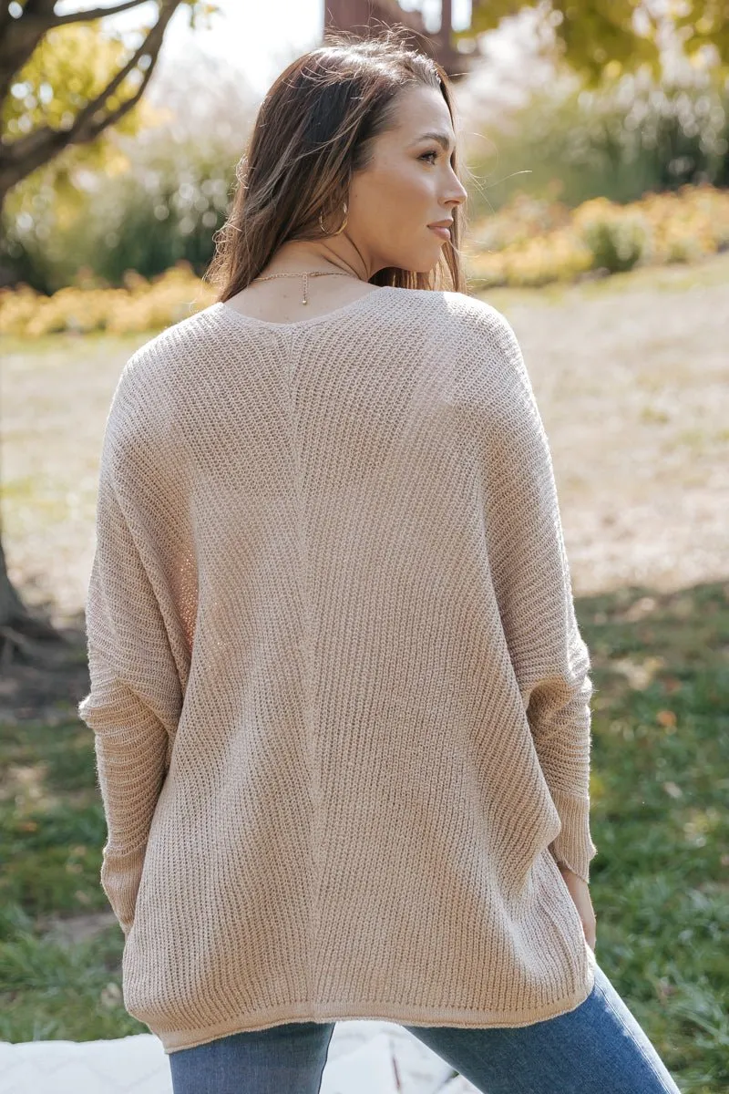 Dark Beige Open Rib Knit Cardigan - DOORBUSTER