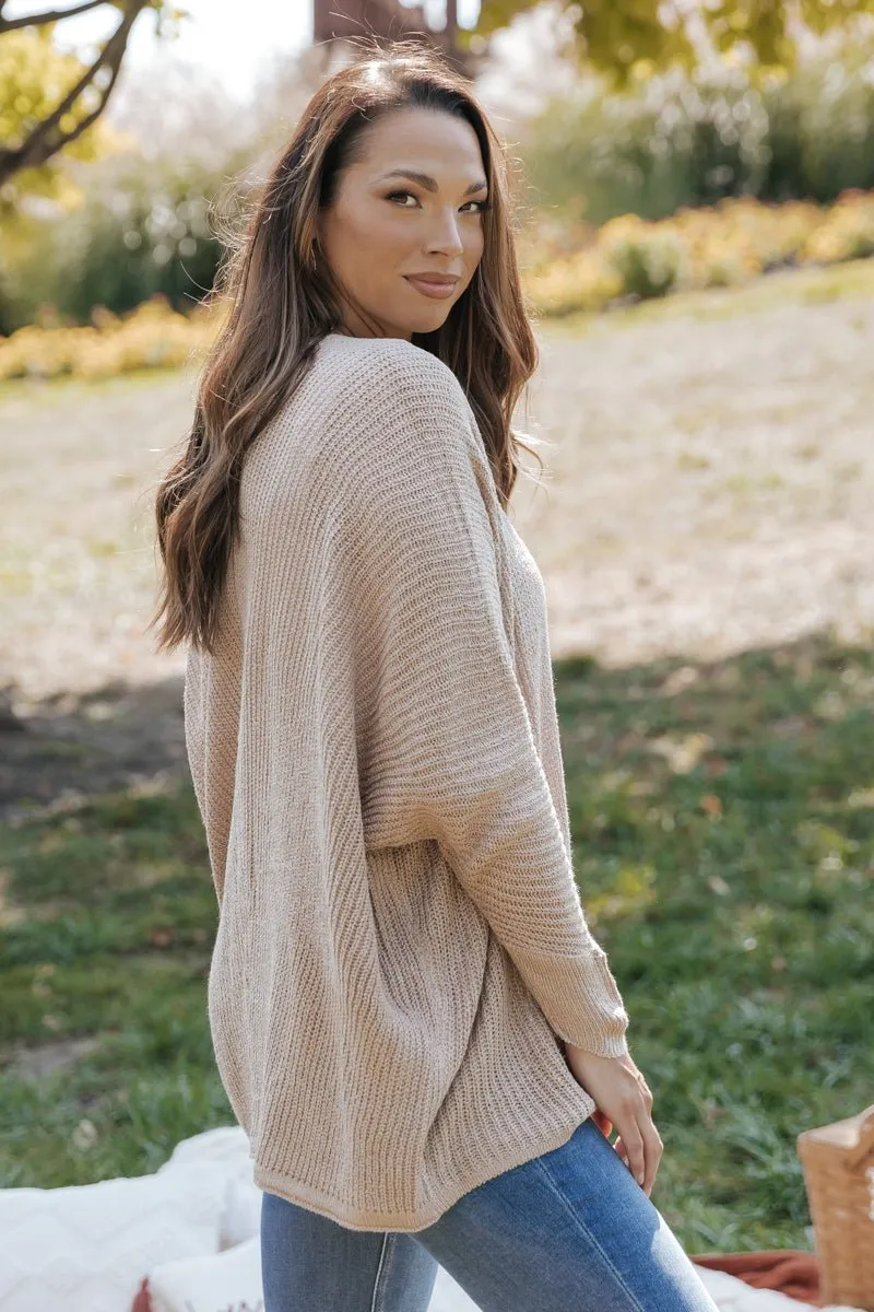 Dark Beige Open Rib Knit Cardigan - DOORBUSTER