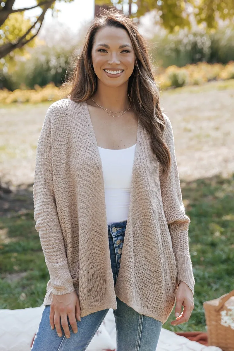 Dark Beige Open Rib Knit Cardigan - DOORBUSTER