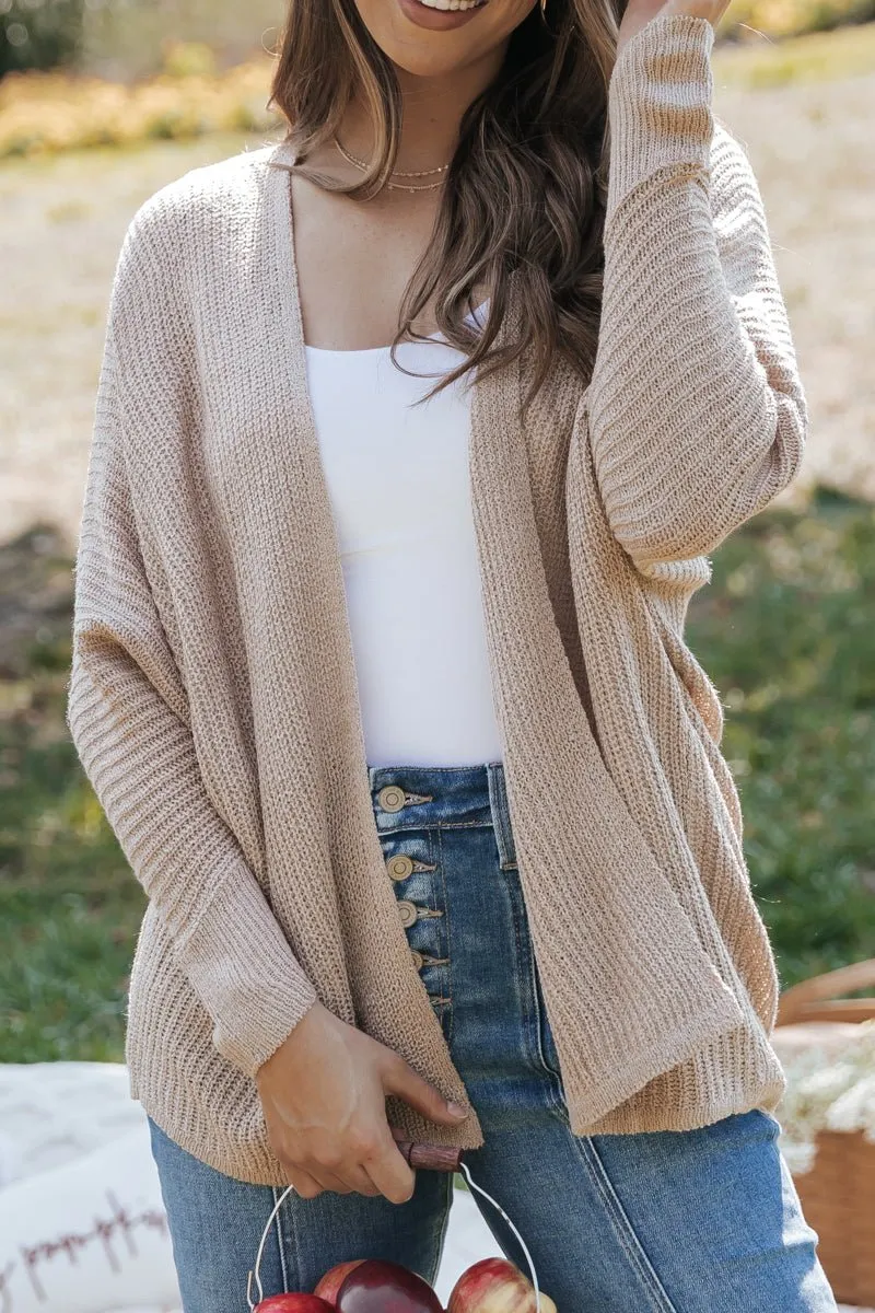 Dark Beige Open Rib Knit Cardigan - DOORBUSTER