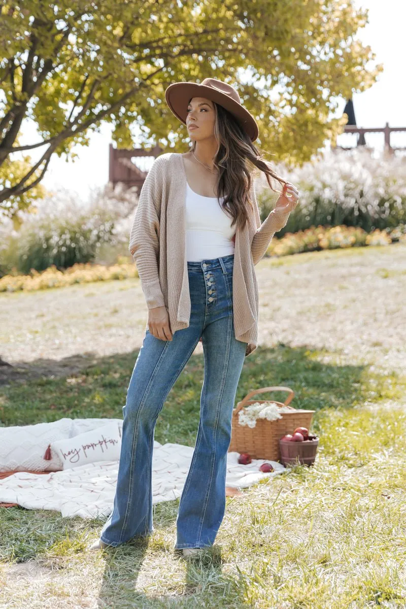 Dark Beige Open Rib Knit Cardigan - DOORBUSTER