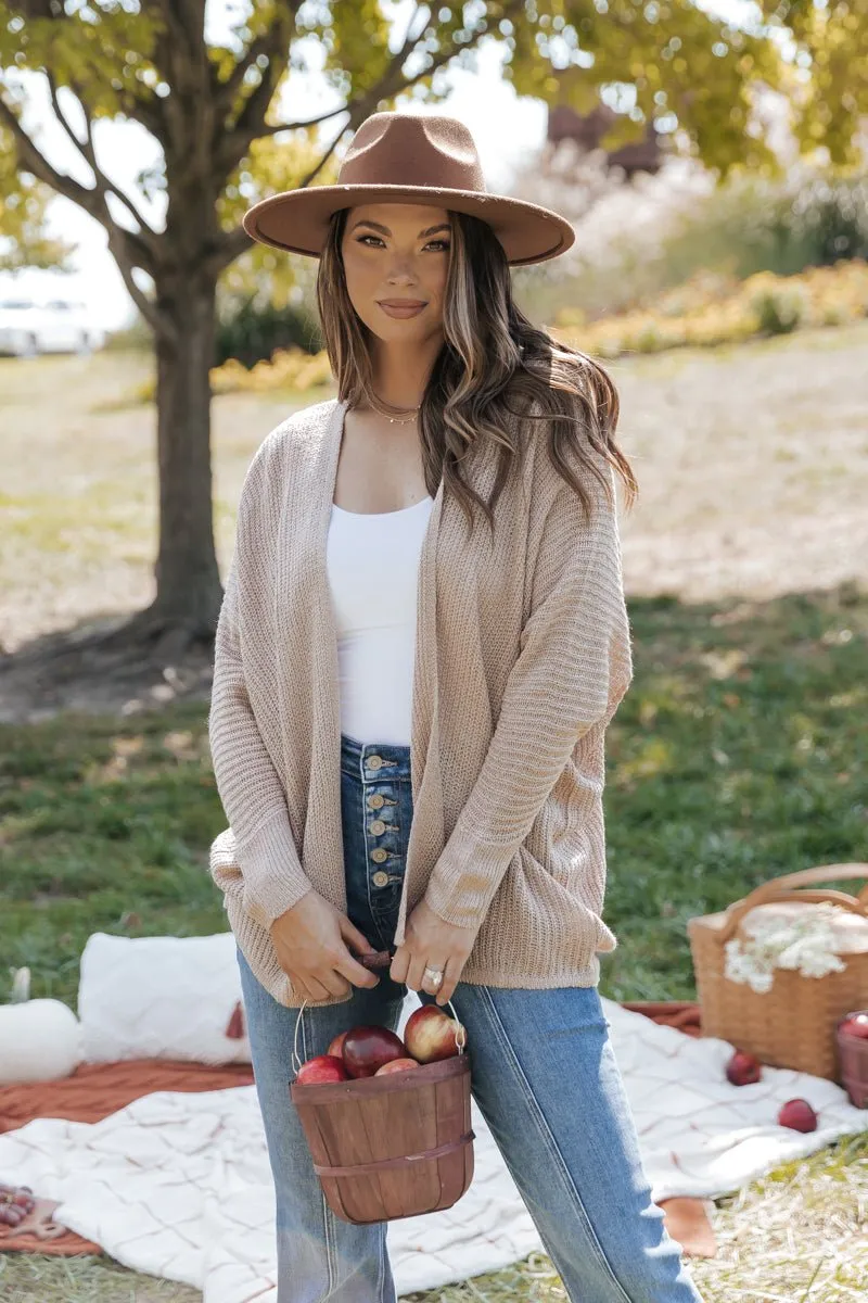 Dark Beige Open Rib Knit Cardigan - DOORBUSTER