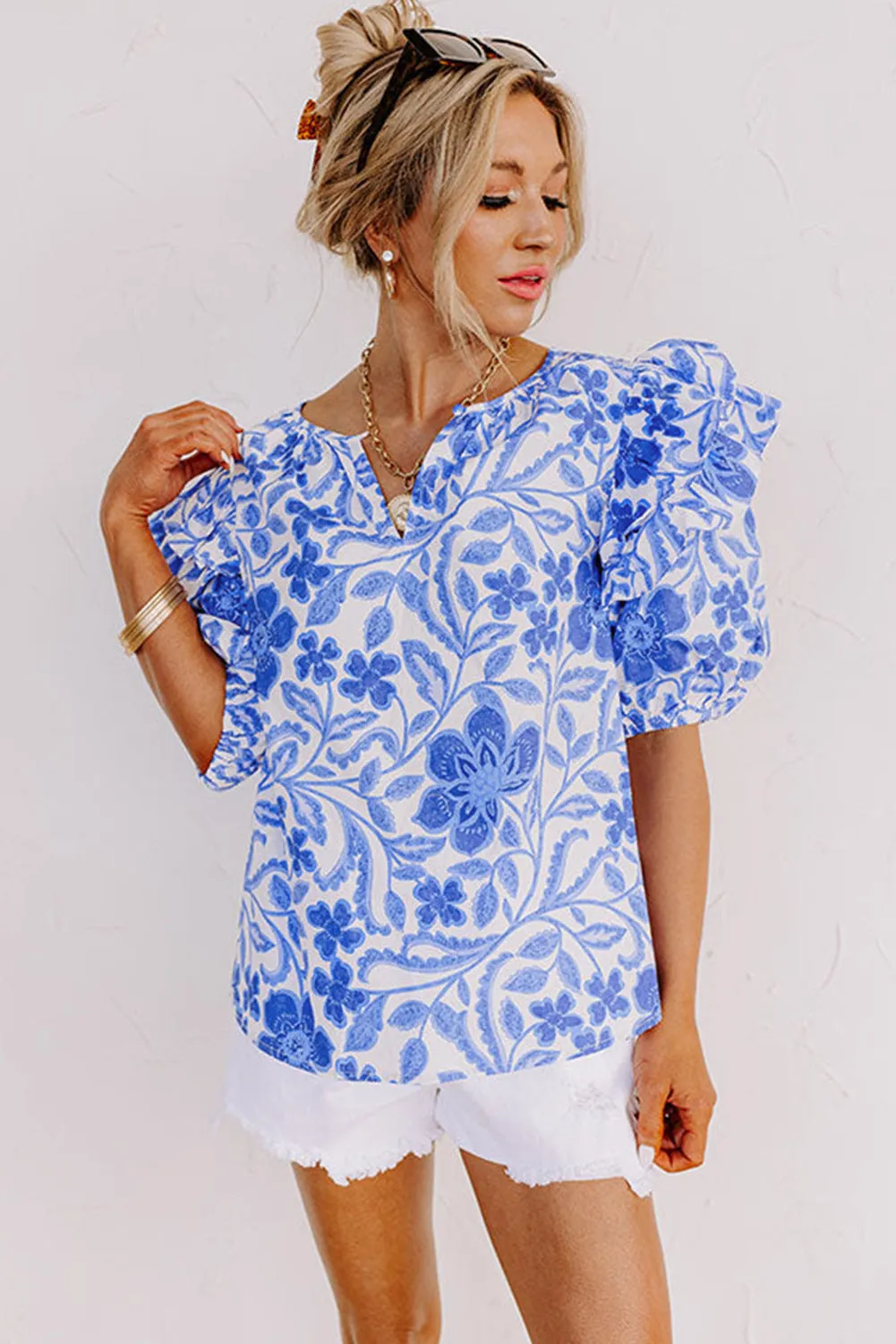 Dark Blue Floral Print Ruffled Bubble Sleeve Blouse