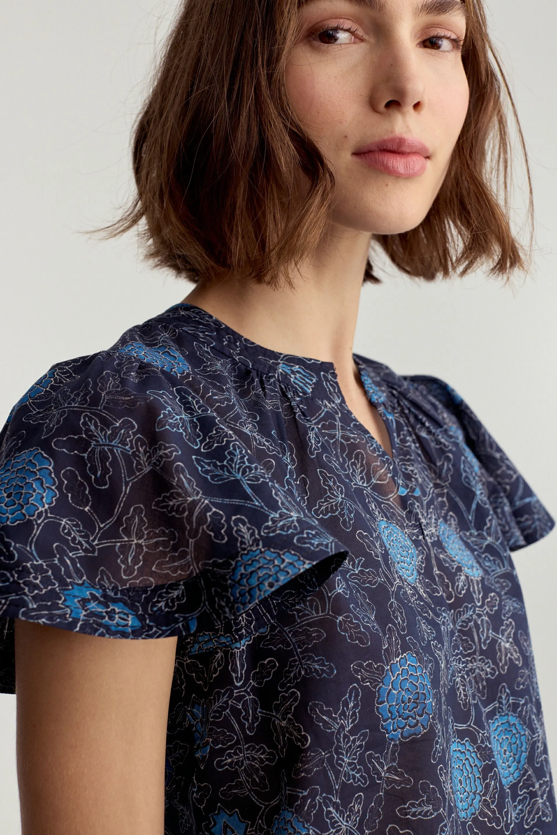 Fleur Sleeve Blouse Navy Floral Batik Voile -  Preorder Ships Out 2/17