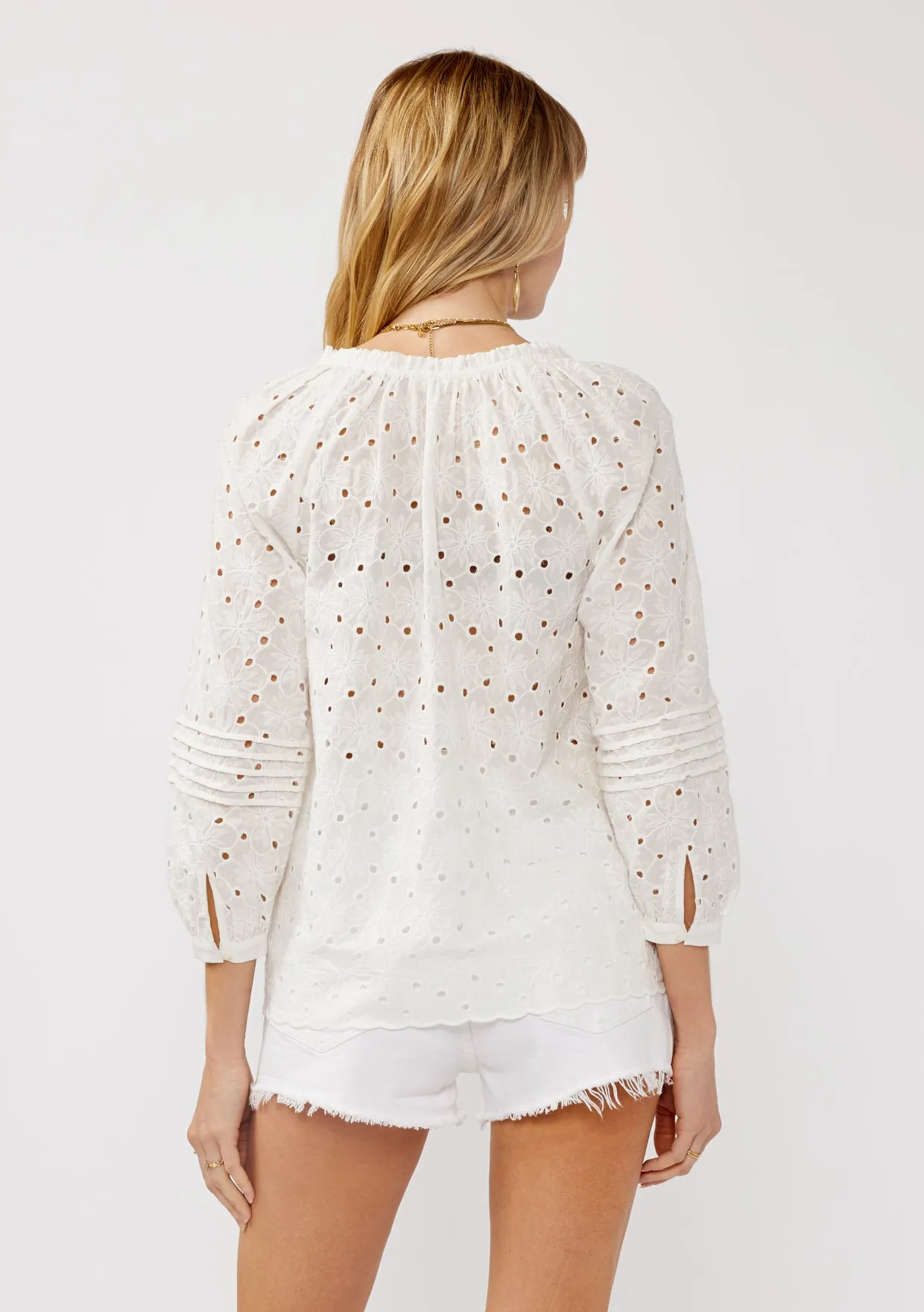 Floral Eyelet Button-Down Blouse with Pintucks