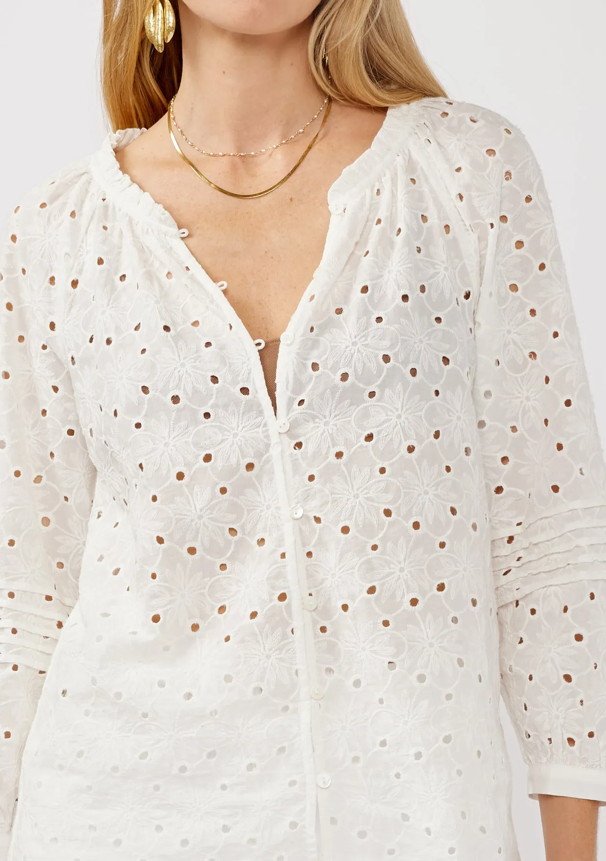 Floral Eyelet Button-Down Blouse with Pintucks
