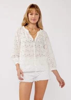Floral Eyelet Button-Down Blouse with Pintucks