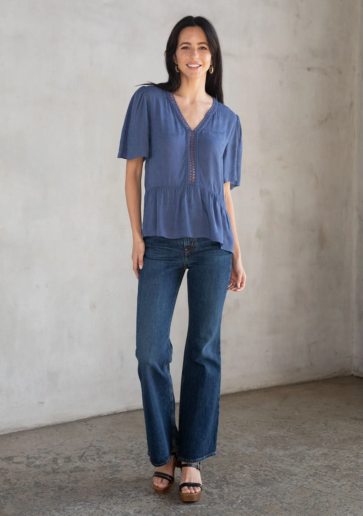Floral Jacquard Airy Short Sleeve Peplum Blouse