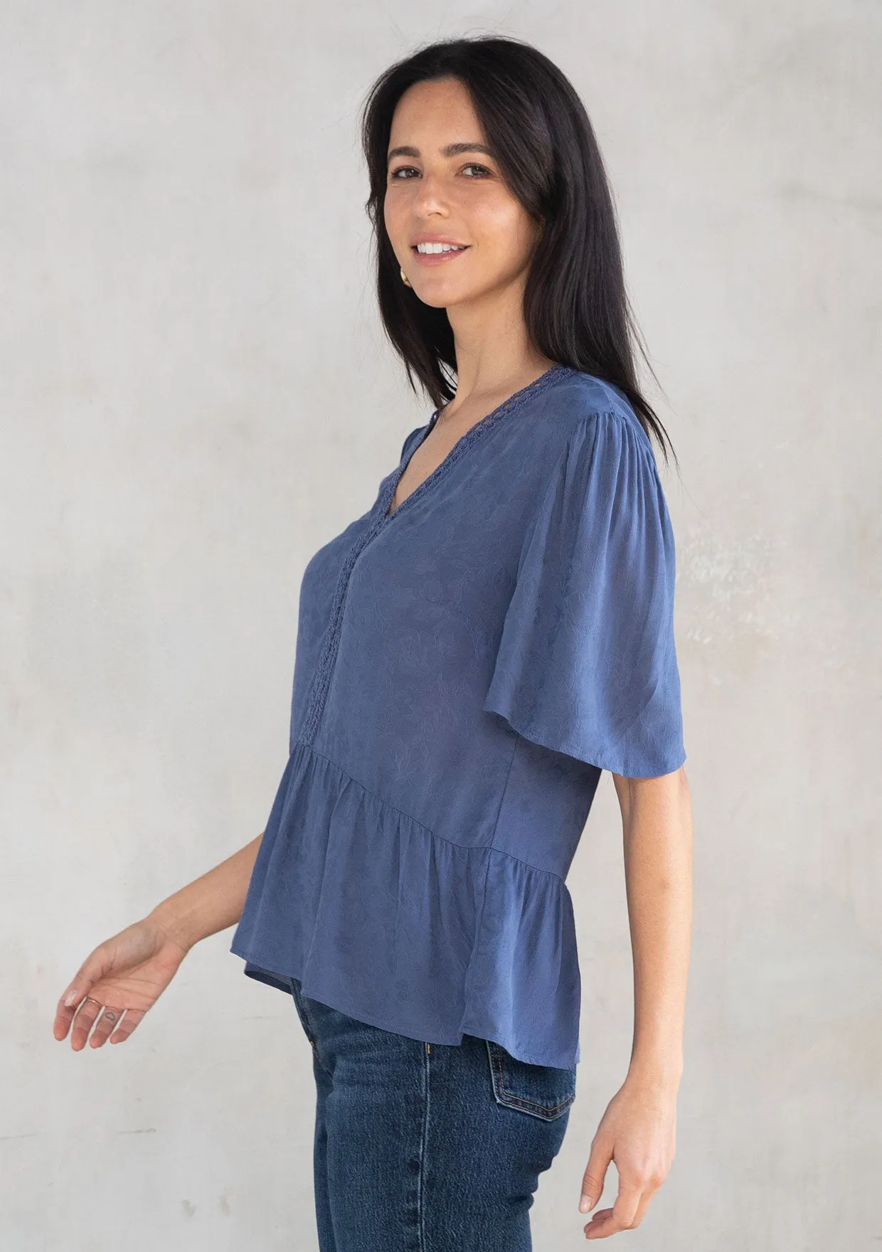 Floral Jacquard Airy Short Sleeve Peplum Blouse
