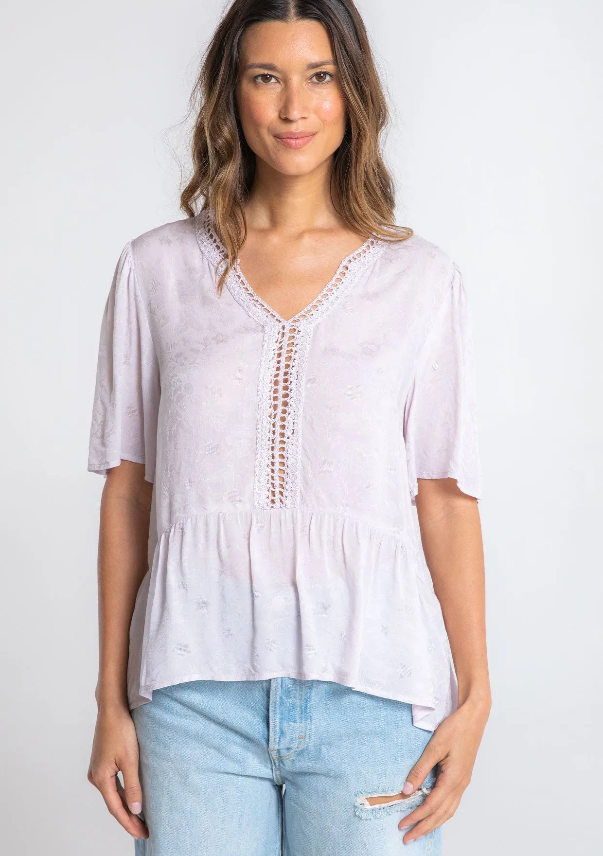 Floral Jacquard Airy Short Sleeve Peplum Blouse